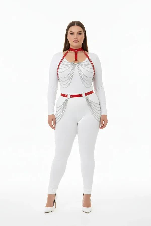Red Faux Leather Body Harness with Draped Chains