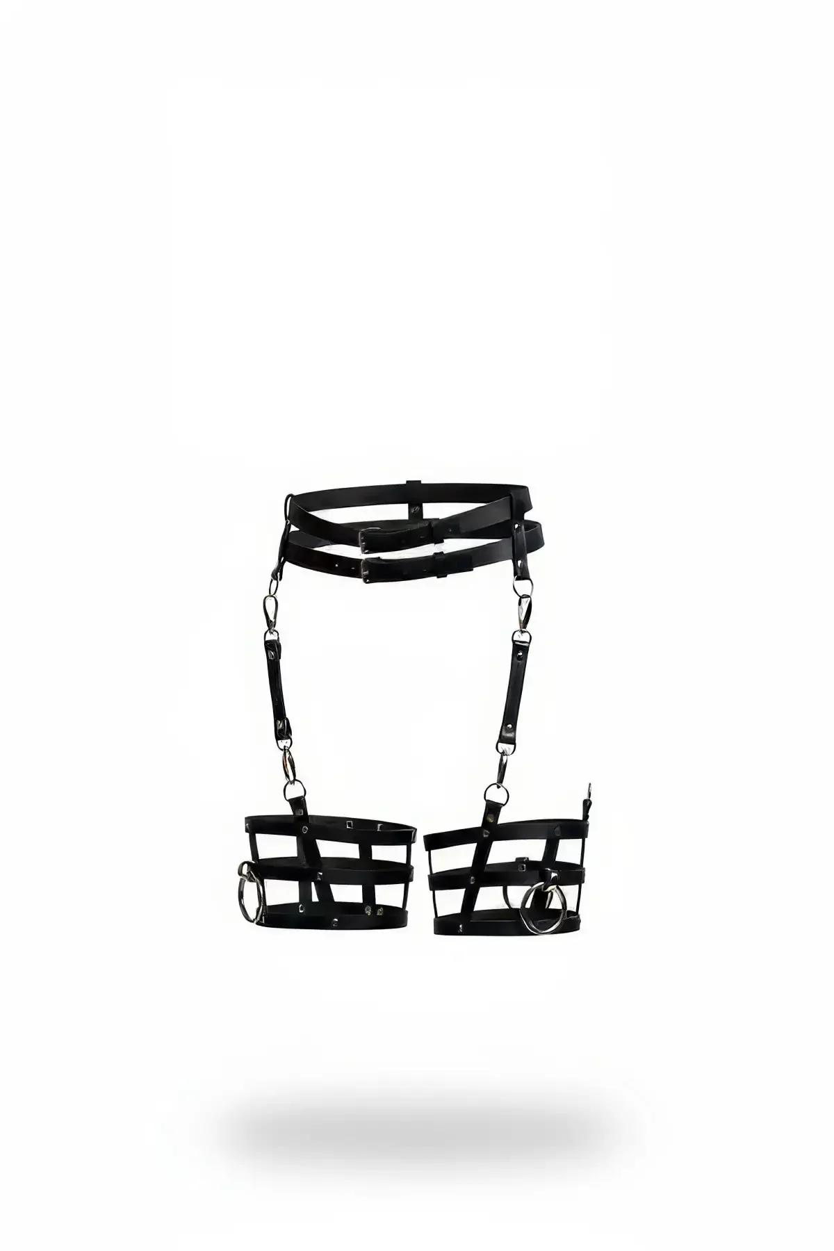 Belted Waist Harness with Caged Thigh Cuffs and O-Rings