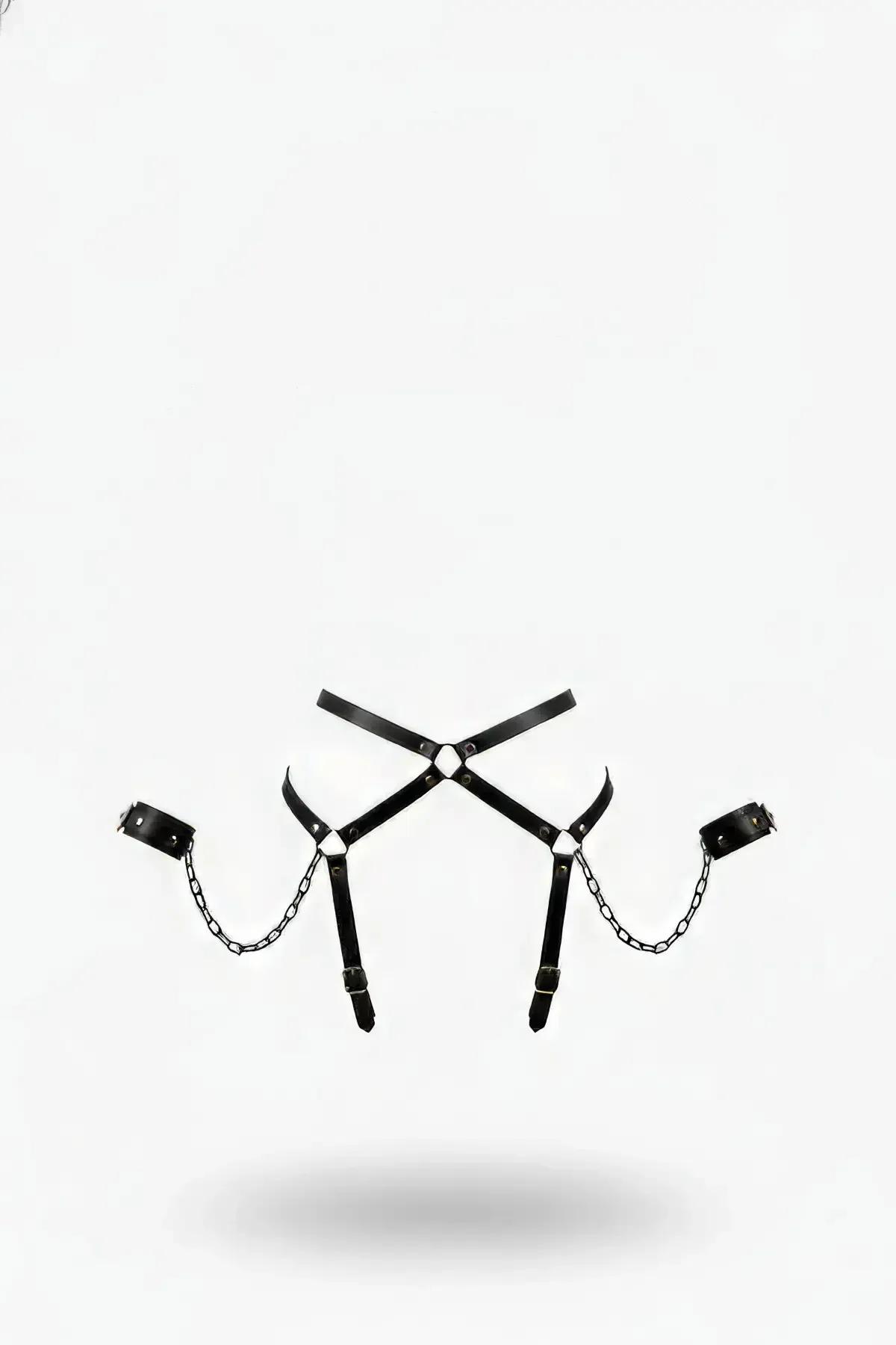 Faux Leather Chest Harness with Detachable Handcuff Chains