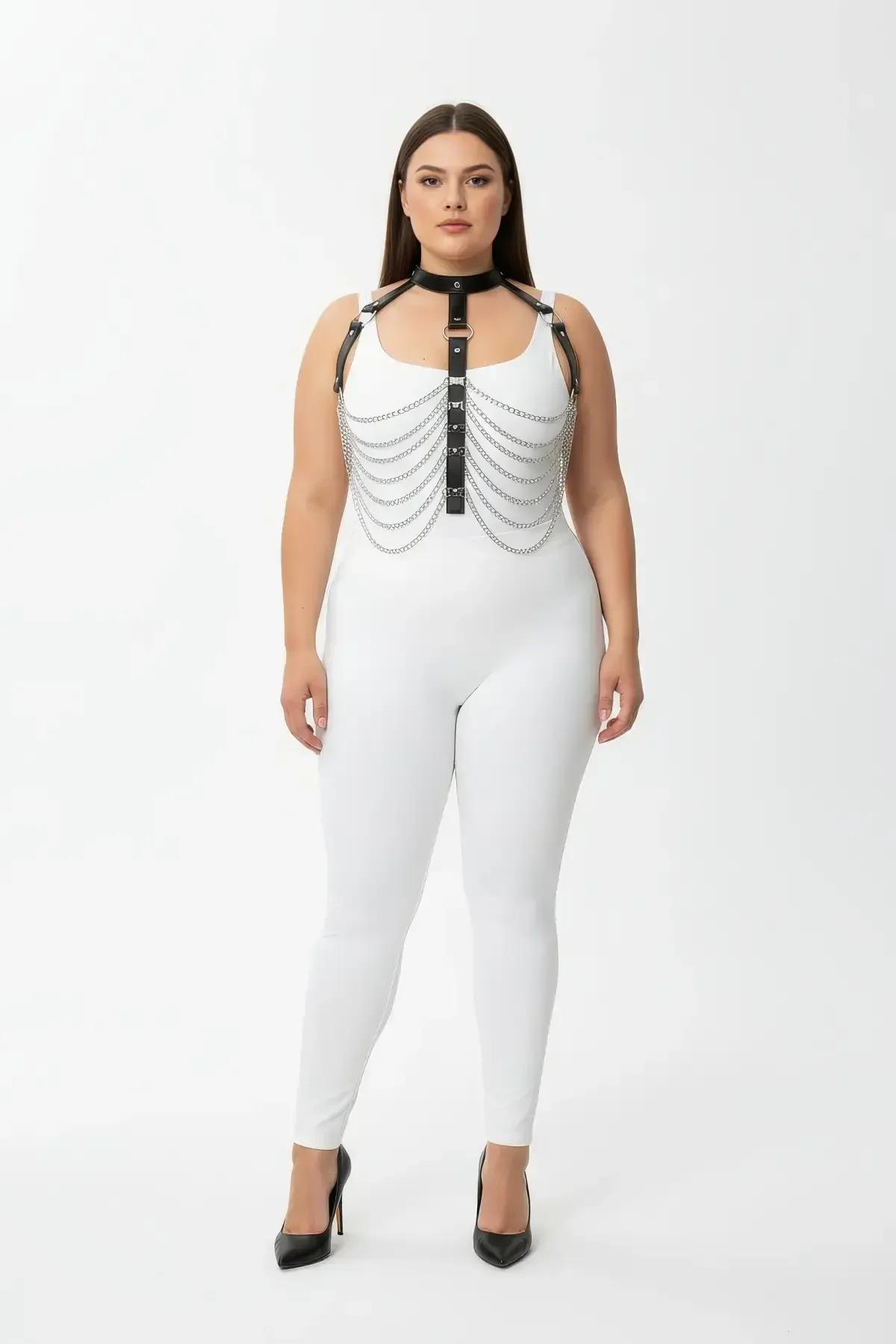 Chained Faux Leather Body Harness with Collar