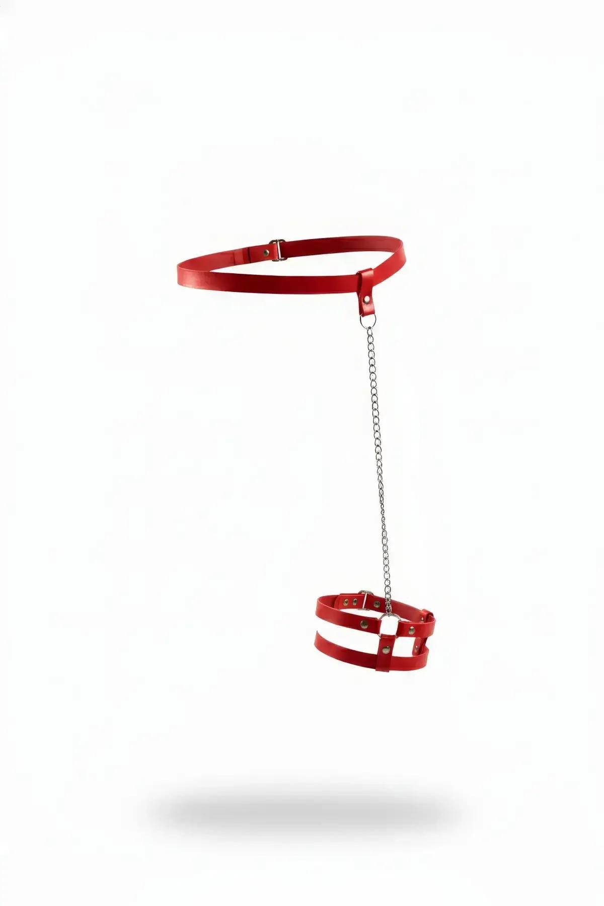 Red Faux Leather Waist-to-Garter Chain Harness