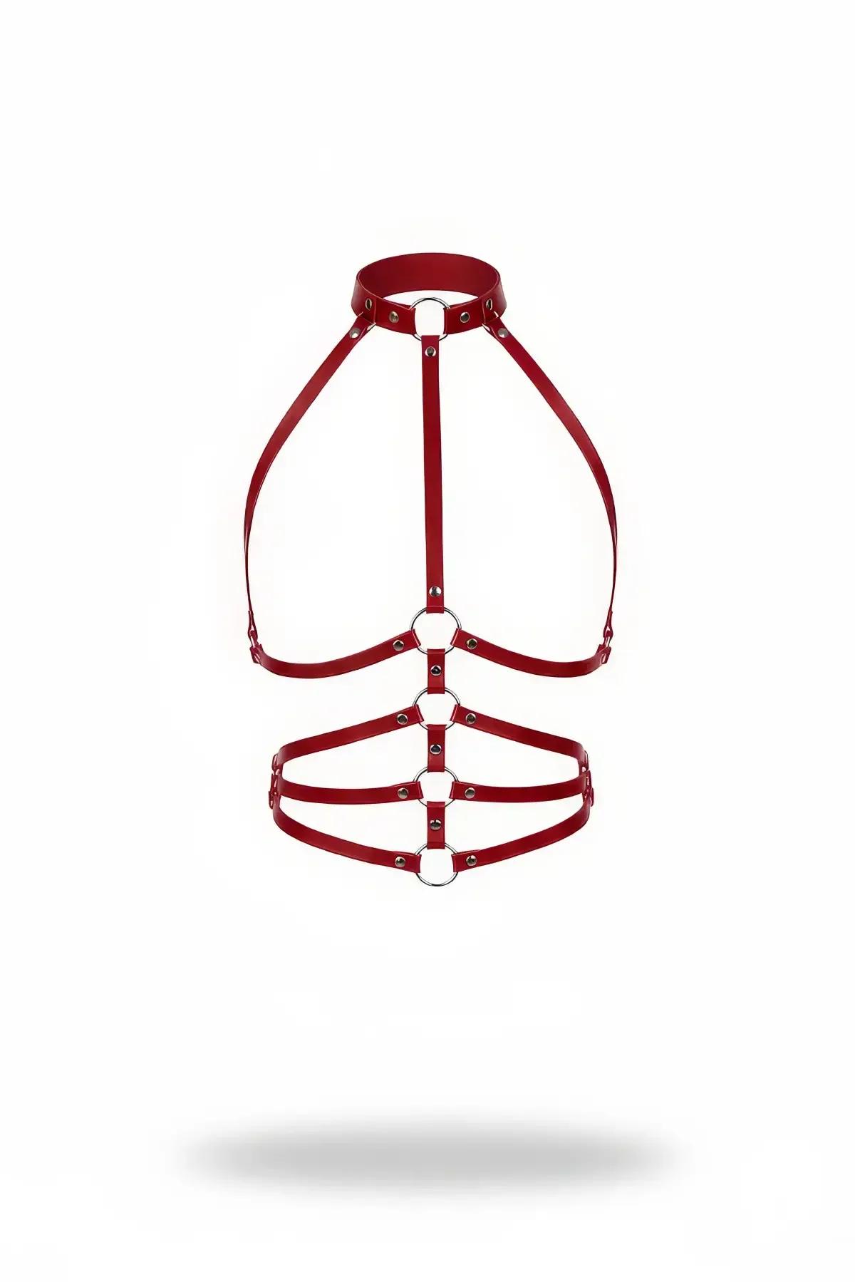 Red High-Neck Caged Torso Body Harness with O-Rings