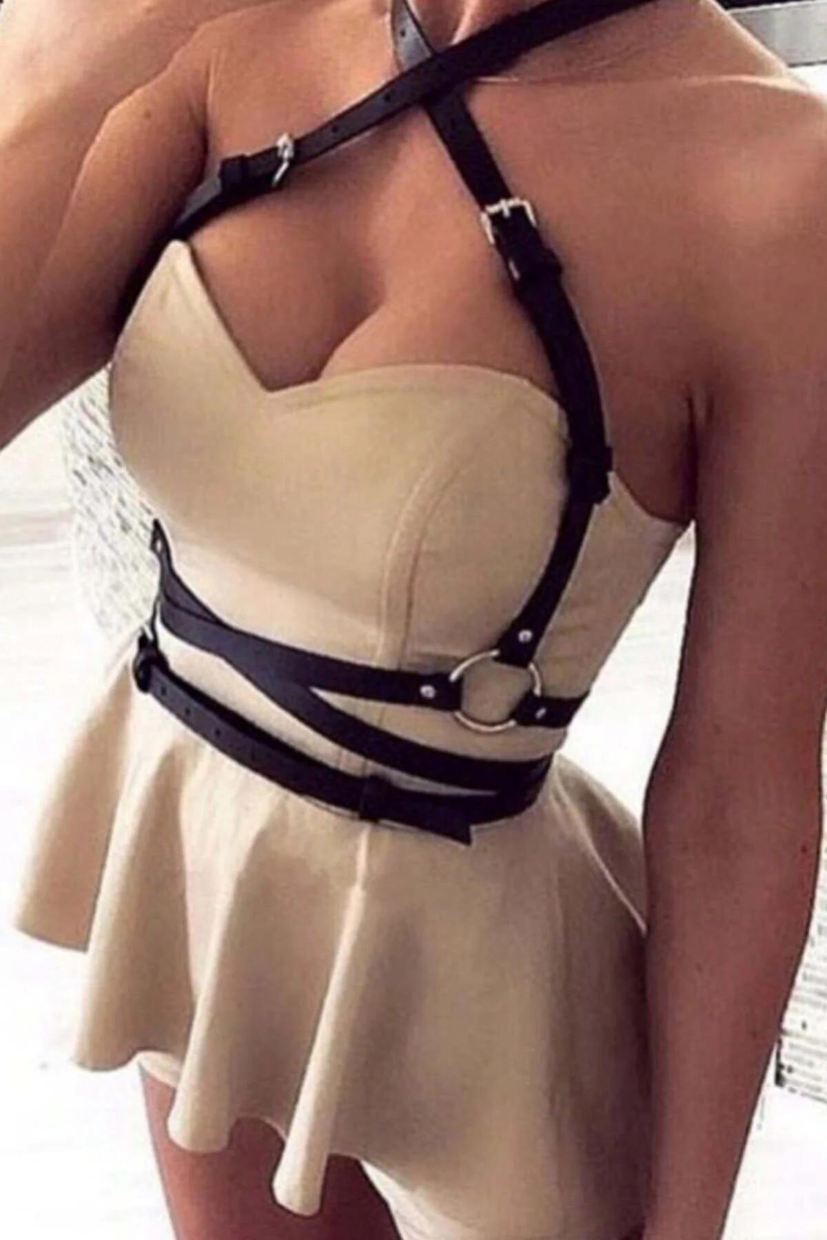 Adjustable O-Ring Faux Leather Caged Body Harness
