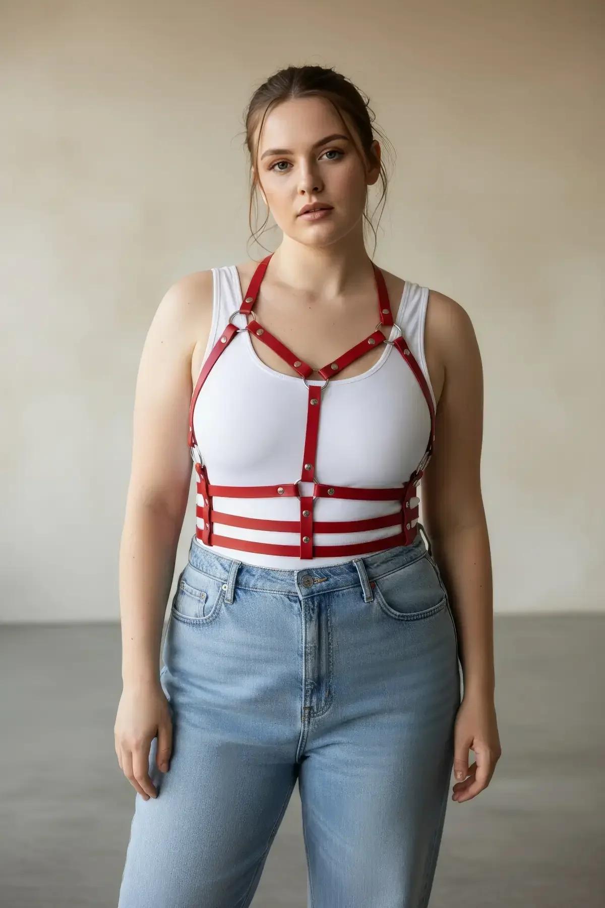 Red Strappy Chest & Waist Faux Leather Harness