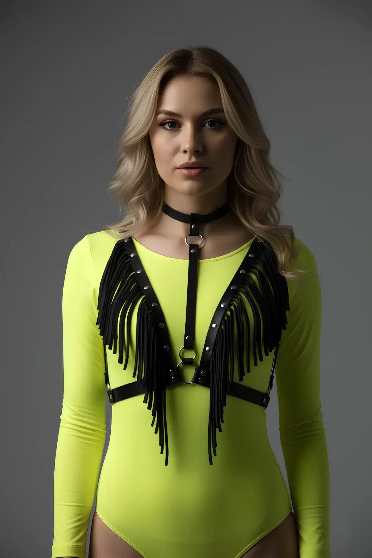 Fringe Faux Leather Body Harness with Choker Detail