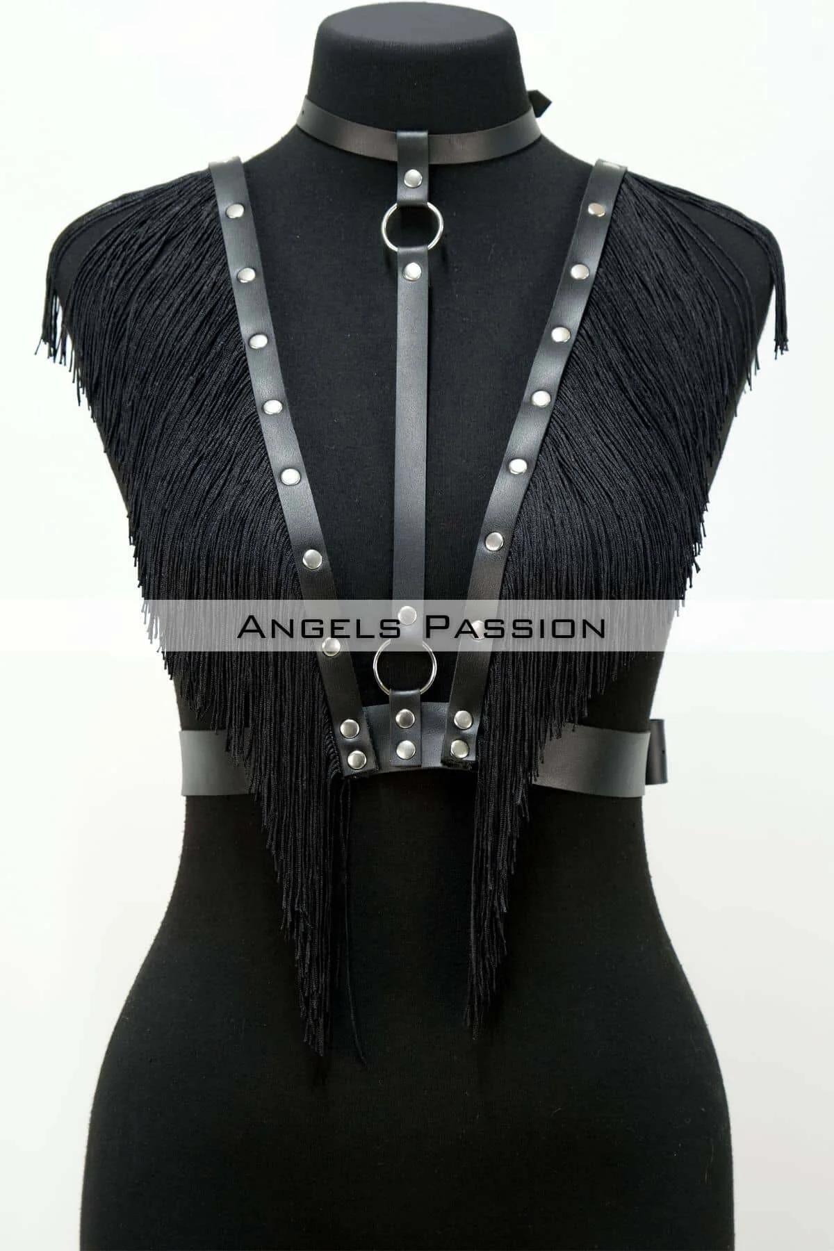 Black Faux Leather Fringe Chest Harness
