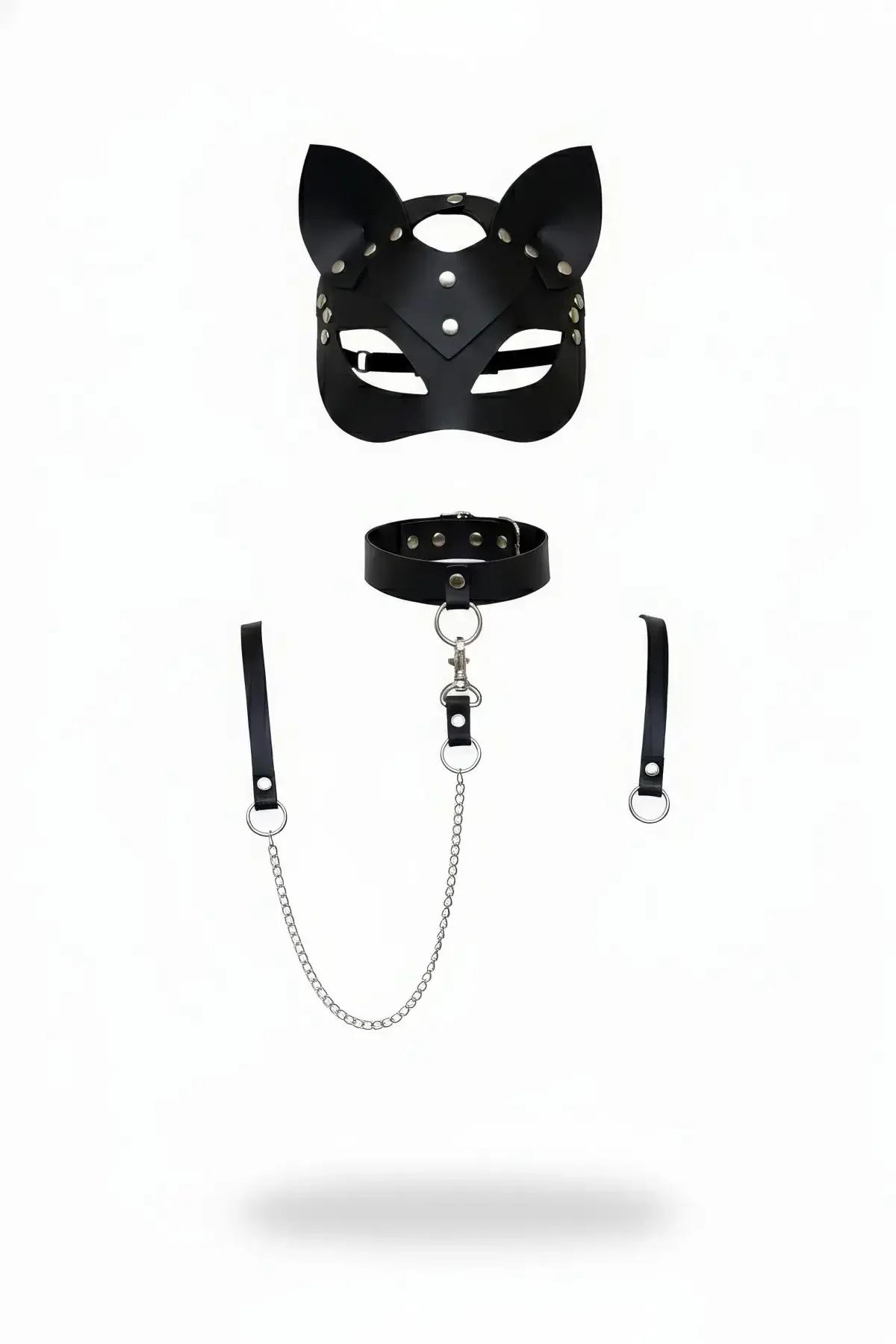 Cat Mask & Harness Collar Set with Detachable Chain
