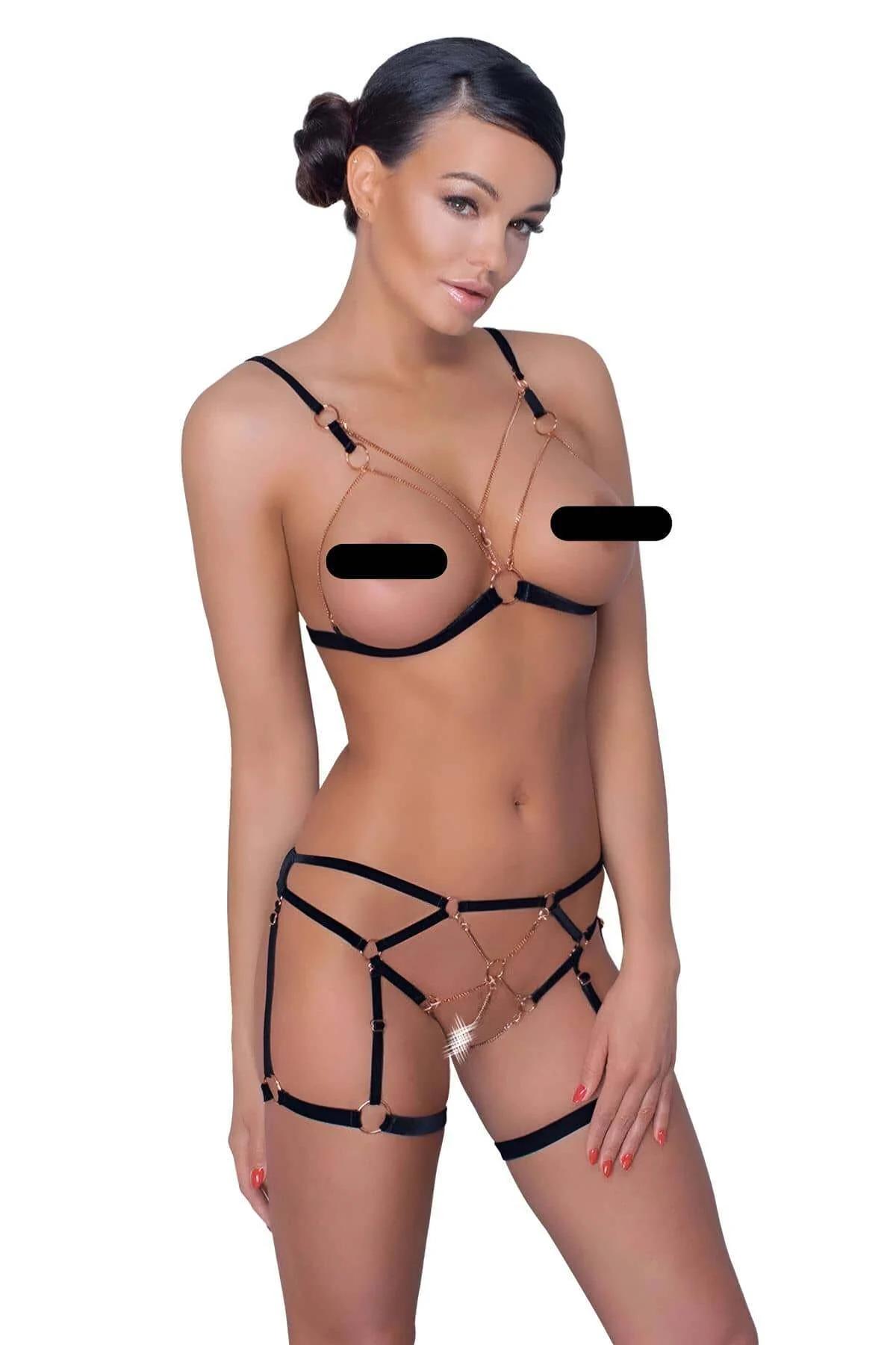 Black Harness Bra and Garter Set with Gold Chains