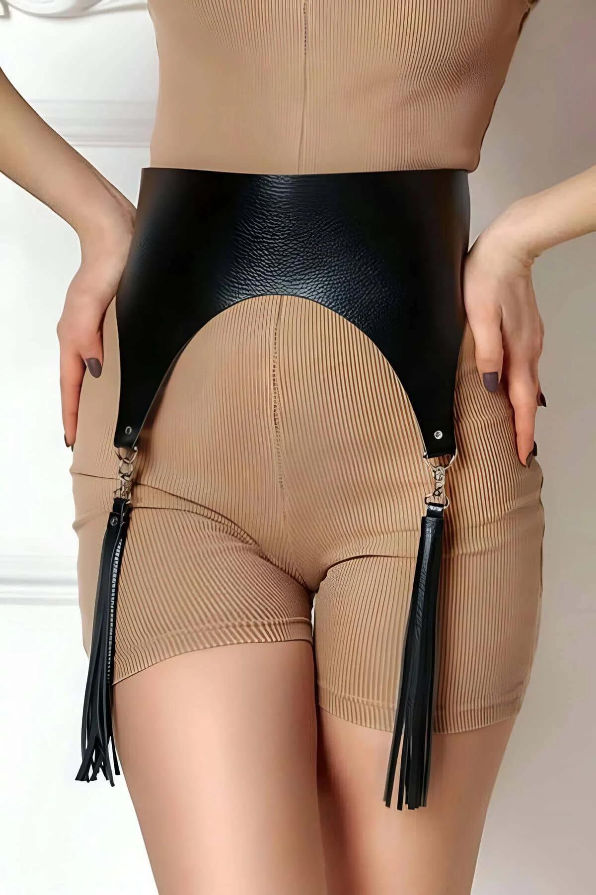 Wide Faux Leather Waist Harness with Detachable Tassels