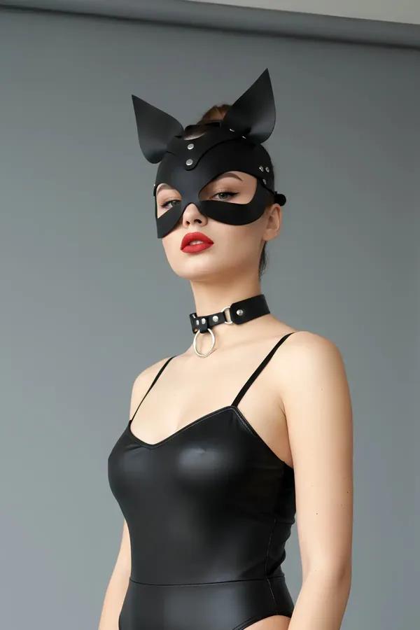 Faux Leather Cat Mask with Stand-Up Ears & Choker
