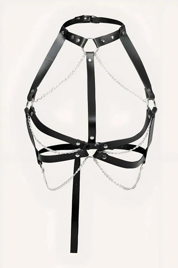 Adjustable Chest Harness with Choker and Draped Chains