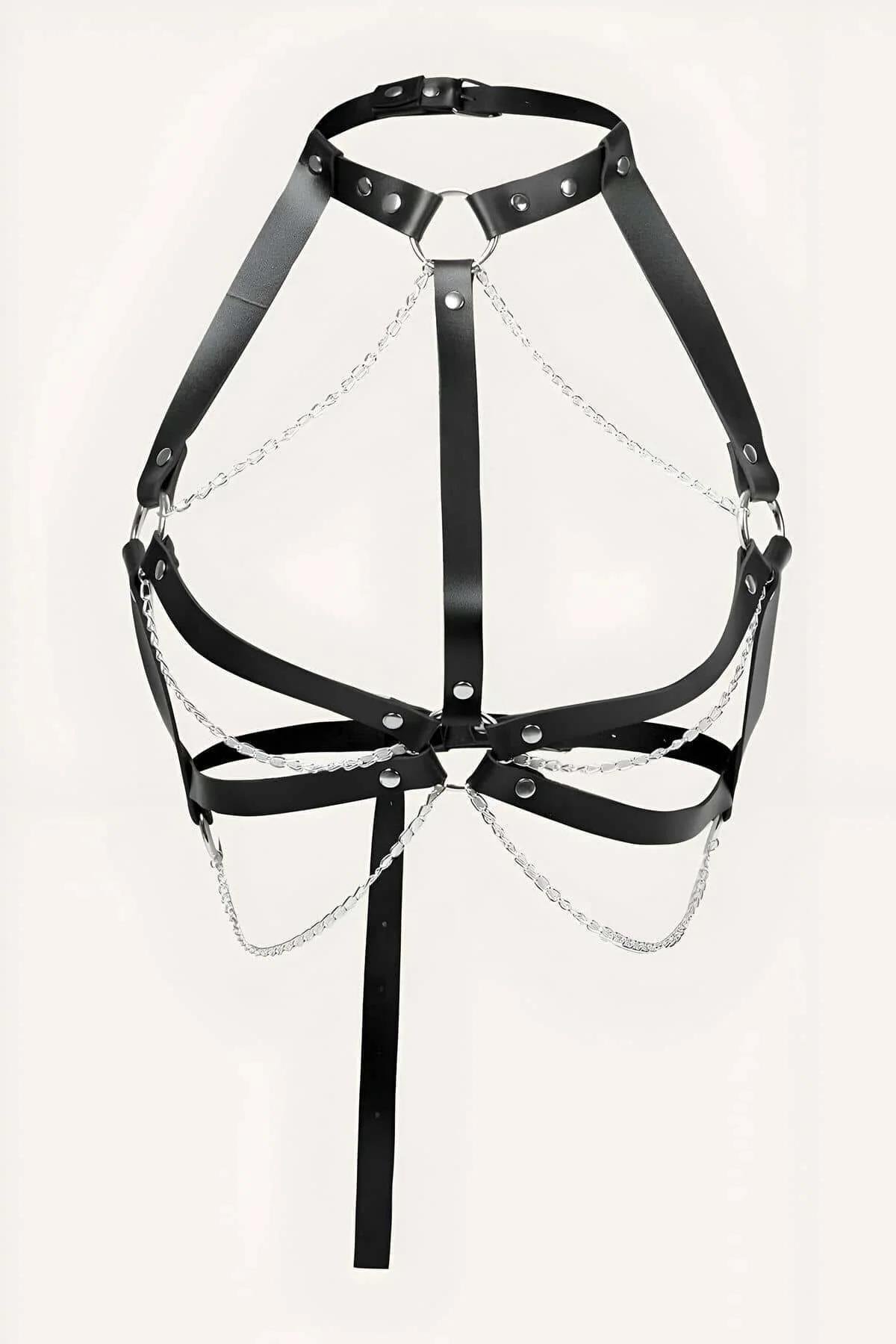 Adjustable Chest Harness with Choker and Draped Chains