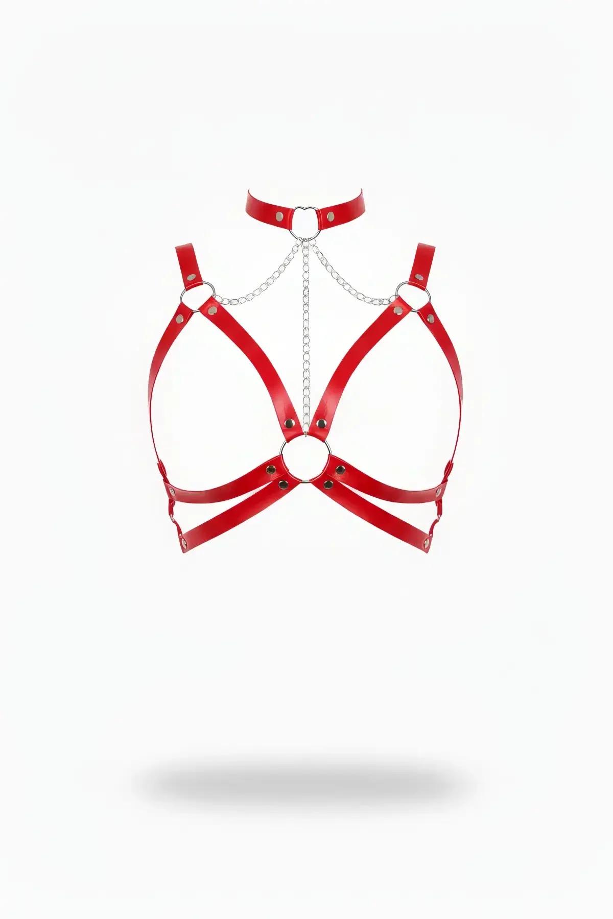 Red Faux Leather Chest Harness with Choker Chain Detail