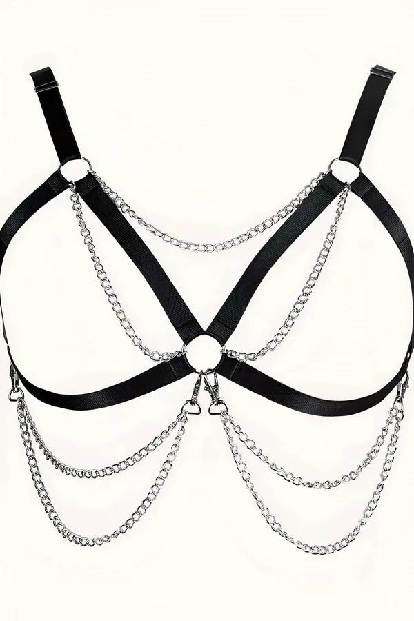 Black Faux Leather Chest Harness with Draped Chains