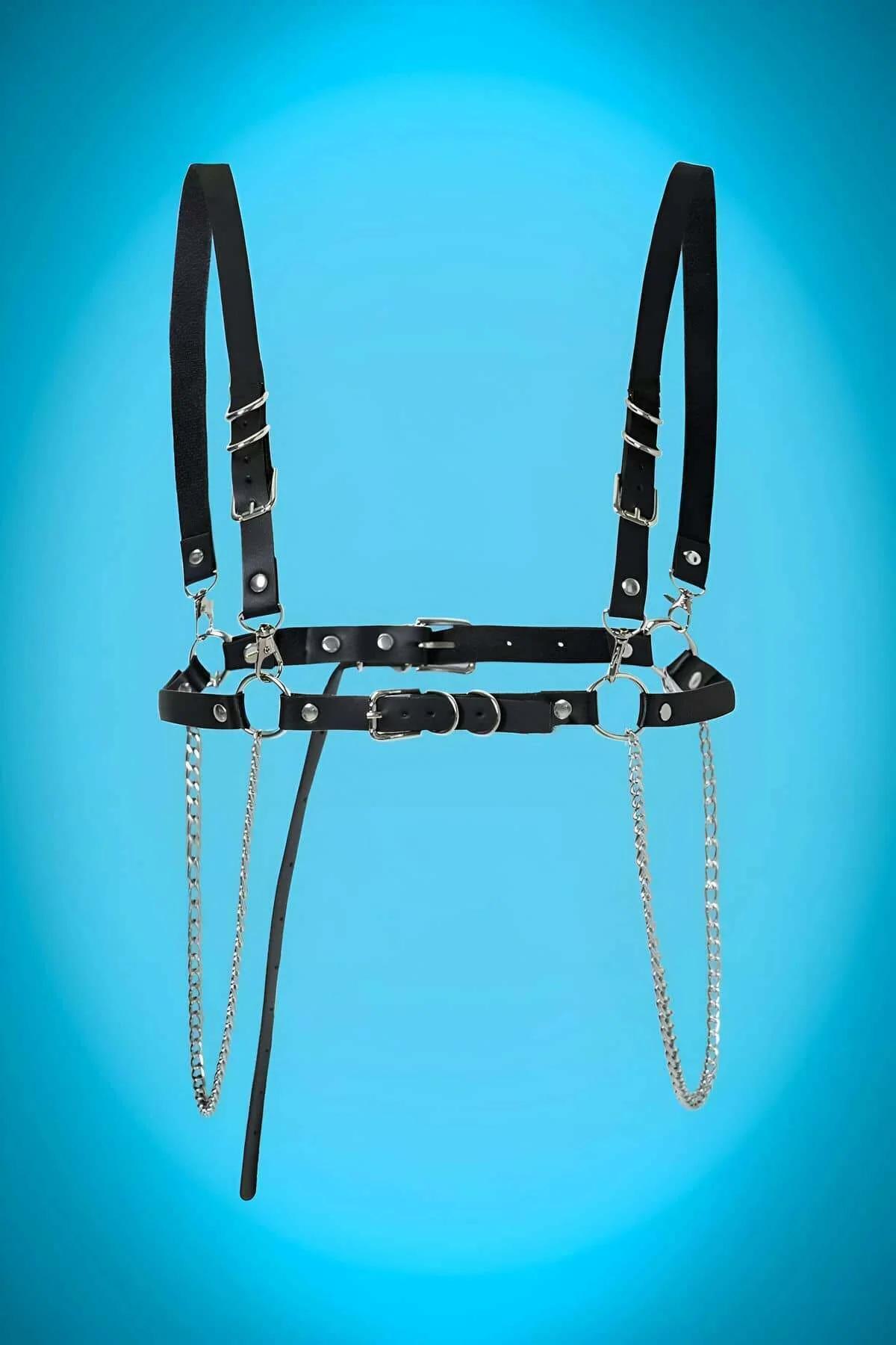 Adjustable Faux Leather Chest Harness with Detachable Chains