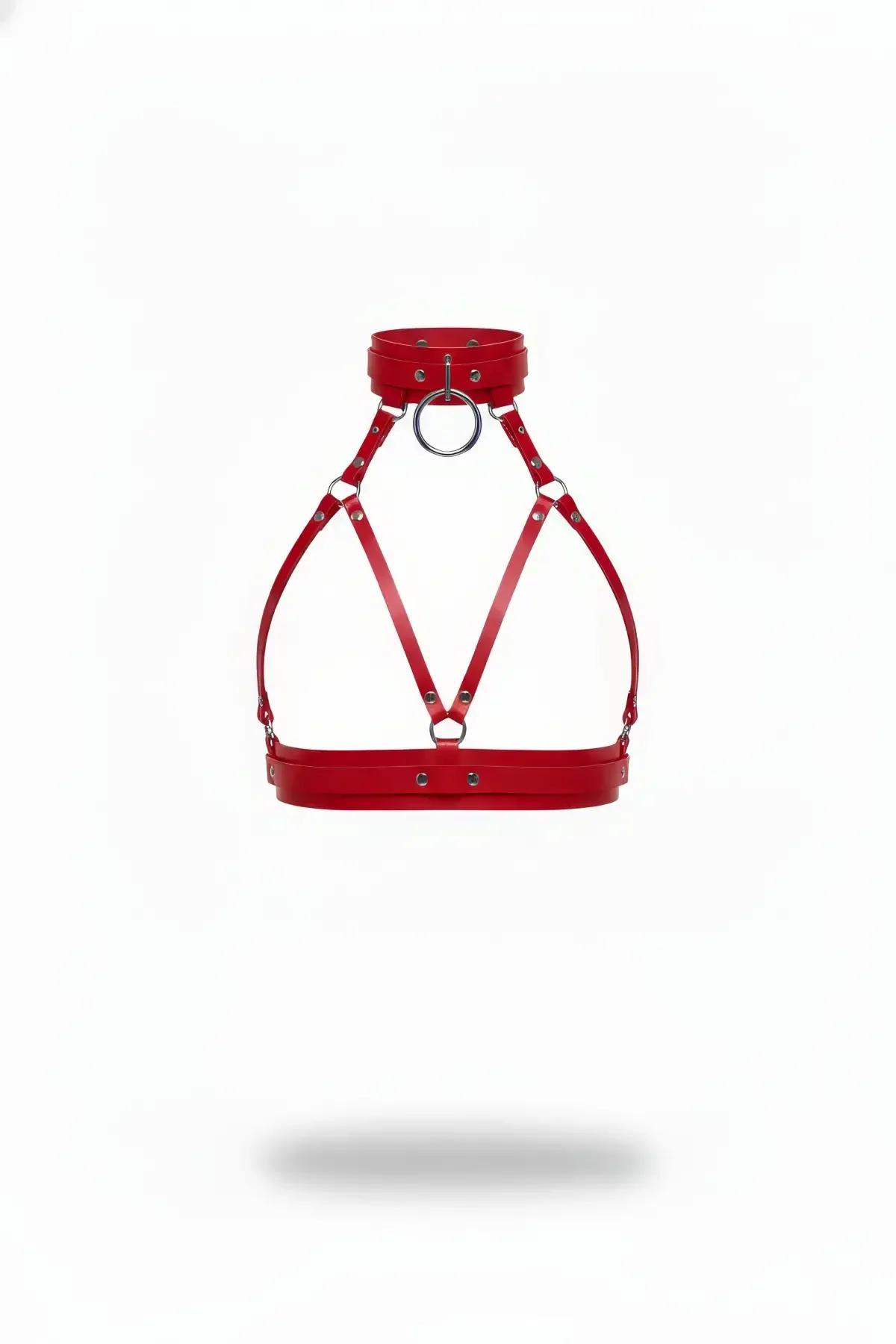 Red Faux Leather Chest Harness with O-Ring Choker