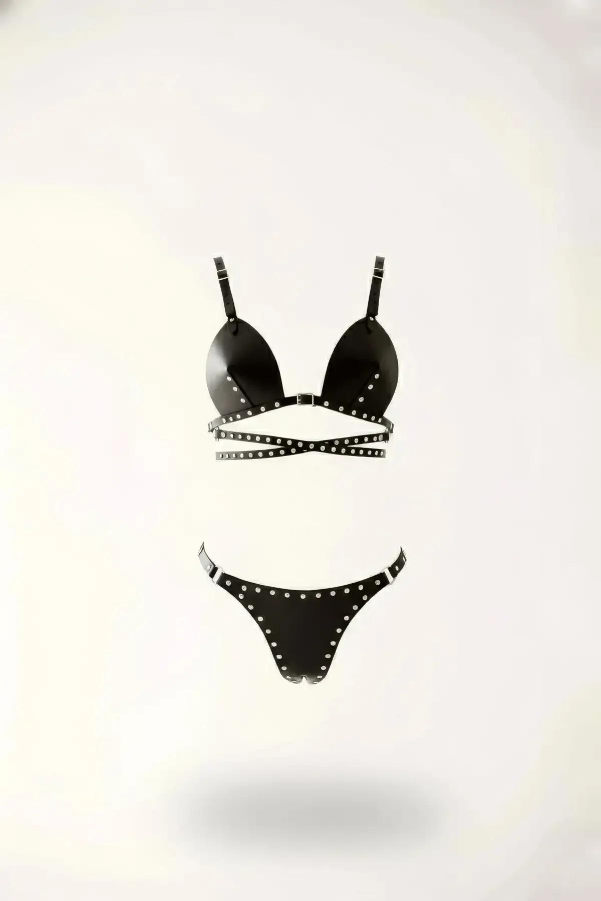 Studded Faux Leather Bra & Thong Harness Set