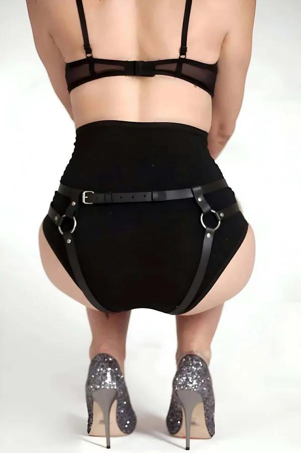 Black Faux Leather High-Waisted Harness Panty