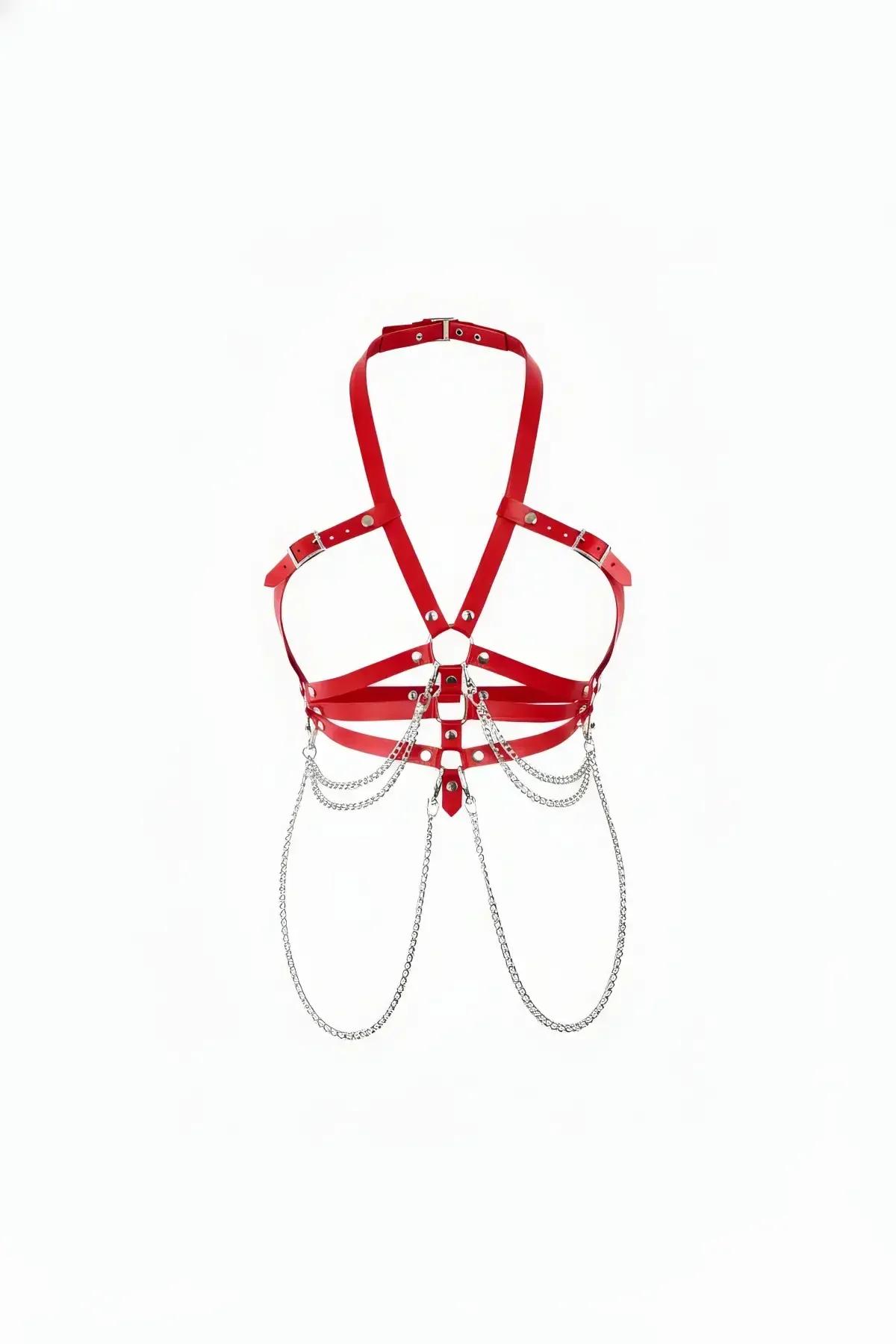 Red Faux Leather Halter Harness with Draping Chains