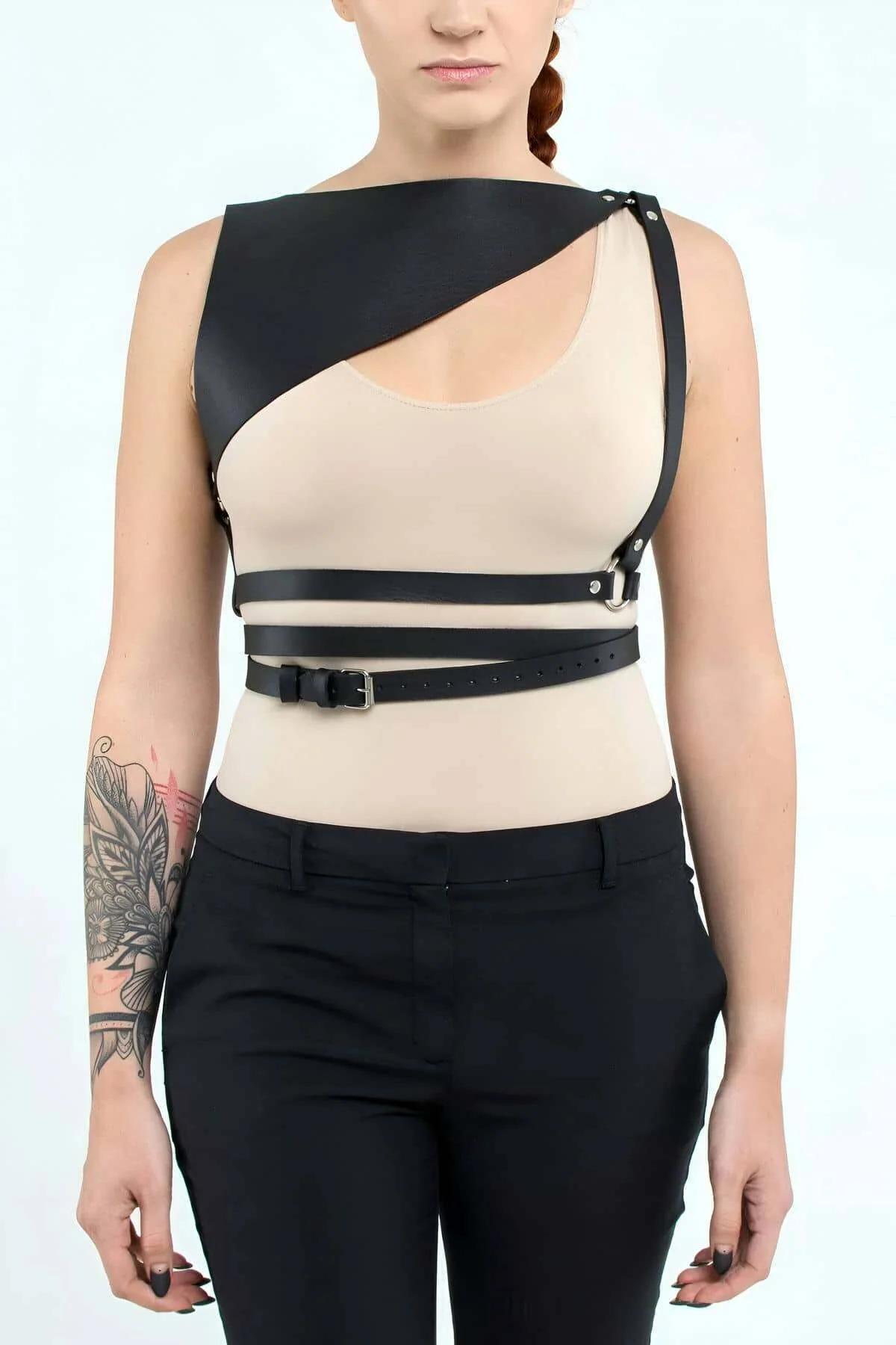 Asymmetrical Faux Leather Body Harness with Buckle Details