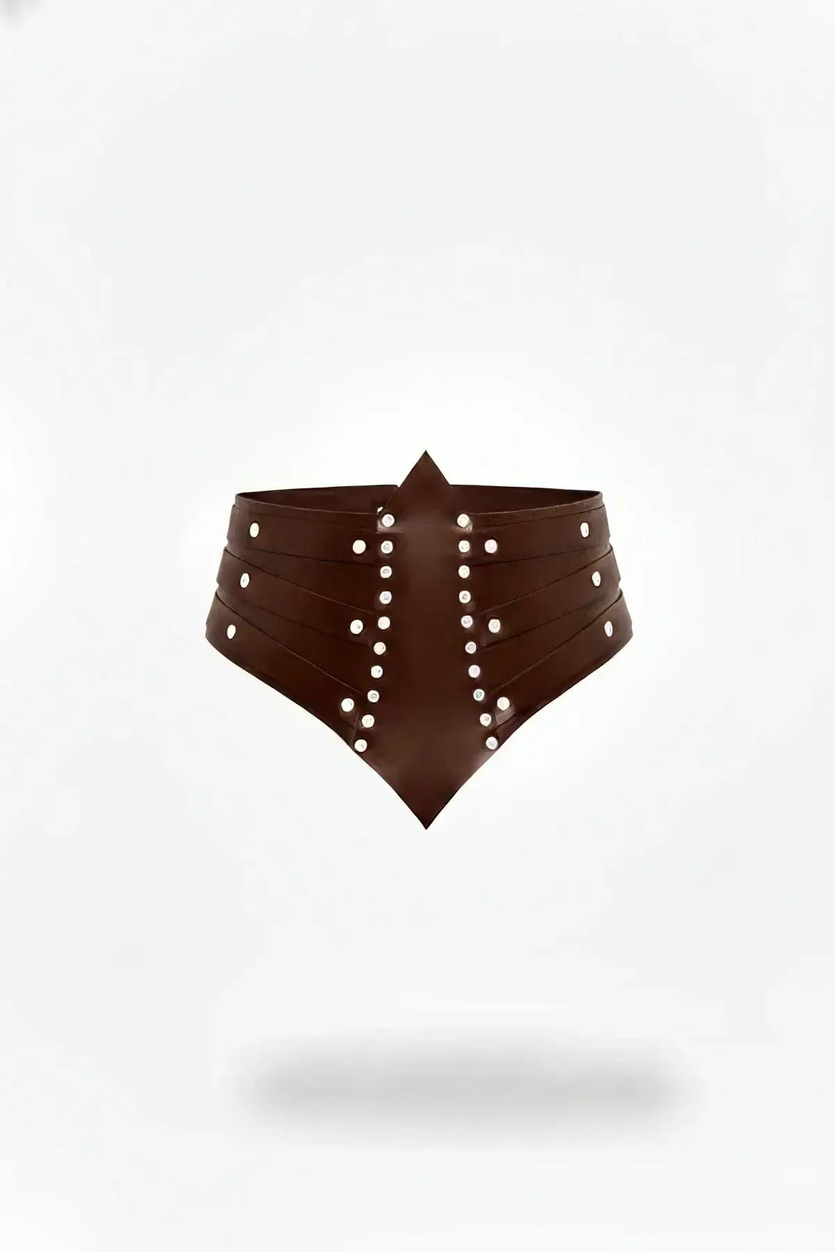 Studded Waist Cinch Harness in Rich Brown Faux Leather