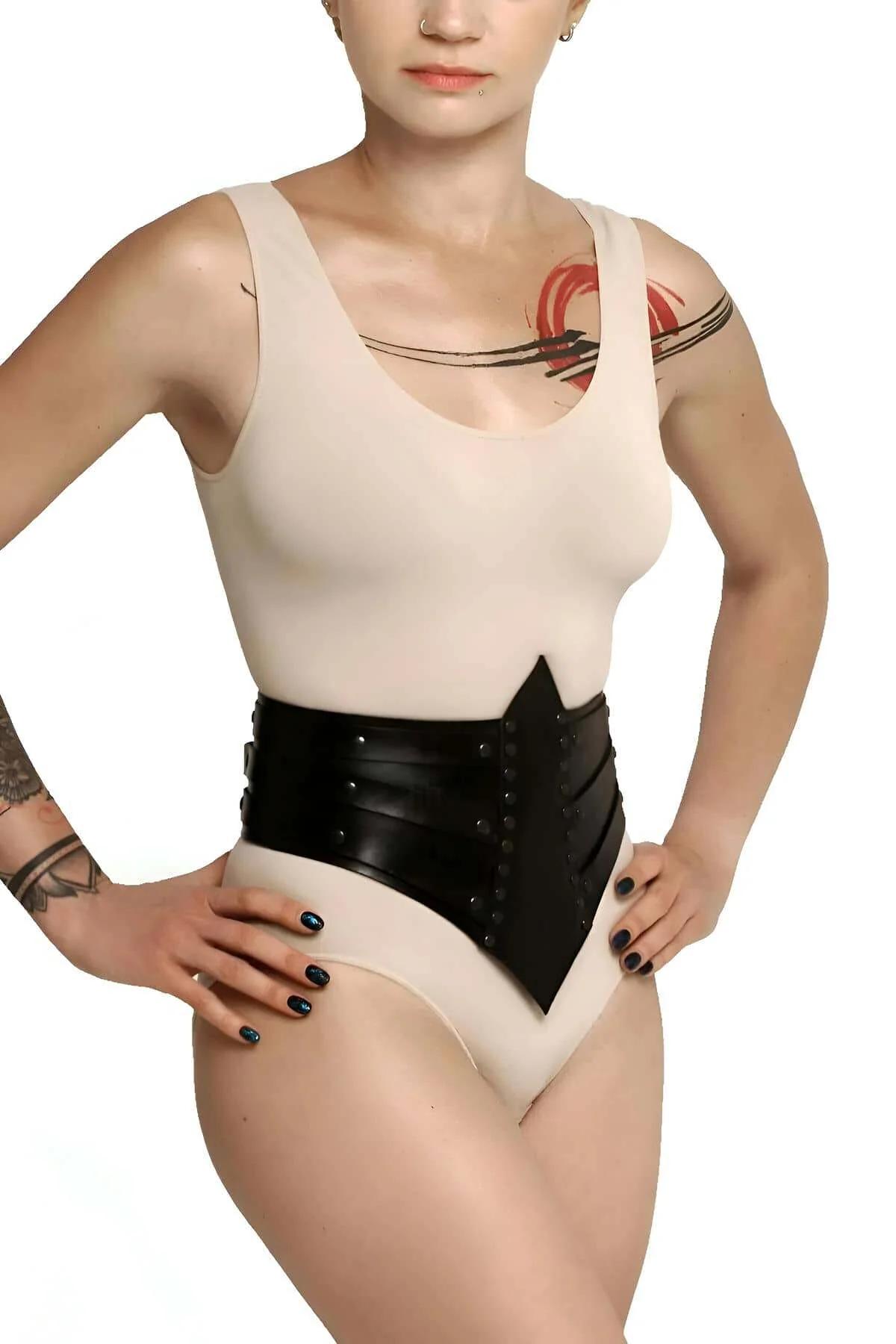 V-Cut Faux Leather Waist Cincher with Rivets