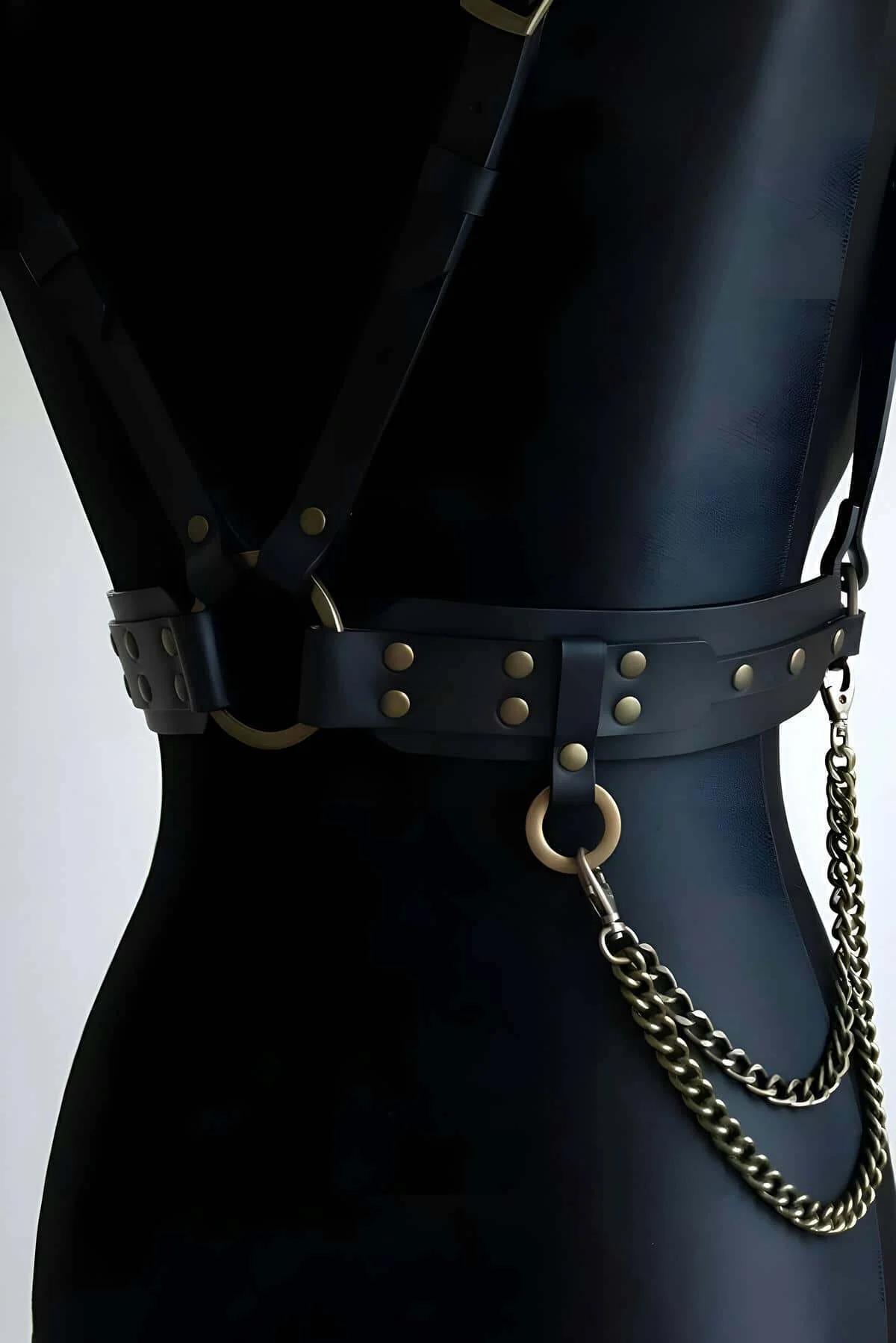 Black Faux Leather Body Harness with Chain