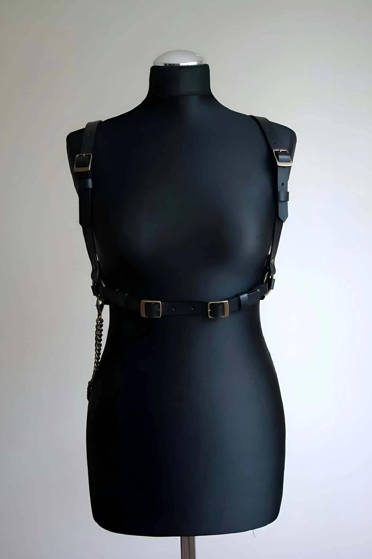 Black Faux Leather Body Harness with Chain