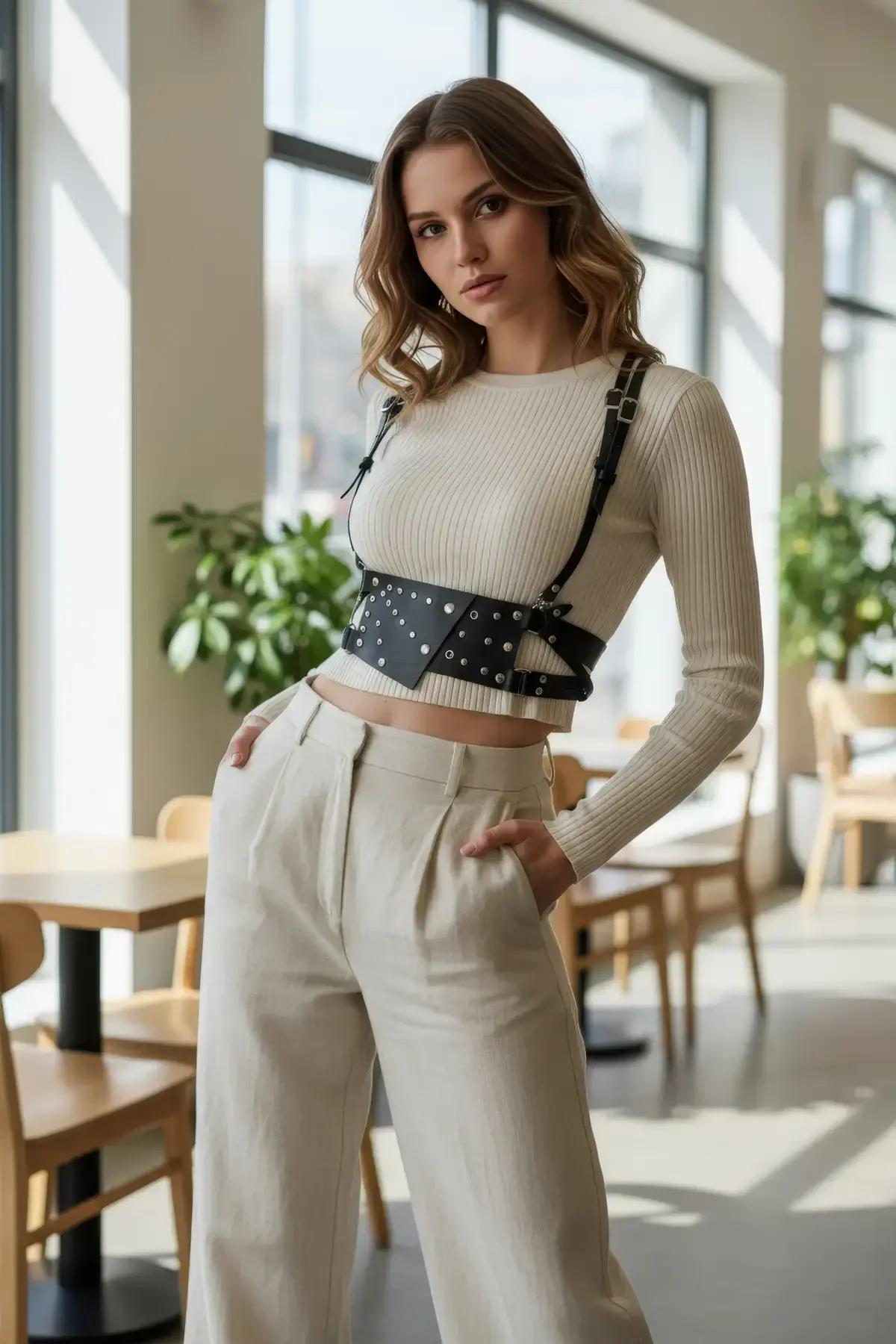 Studded Waist Bag Harness with Suspender Straps