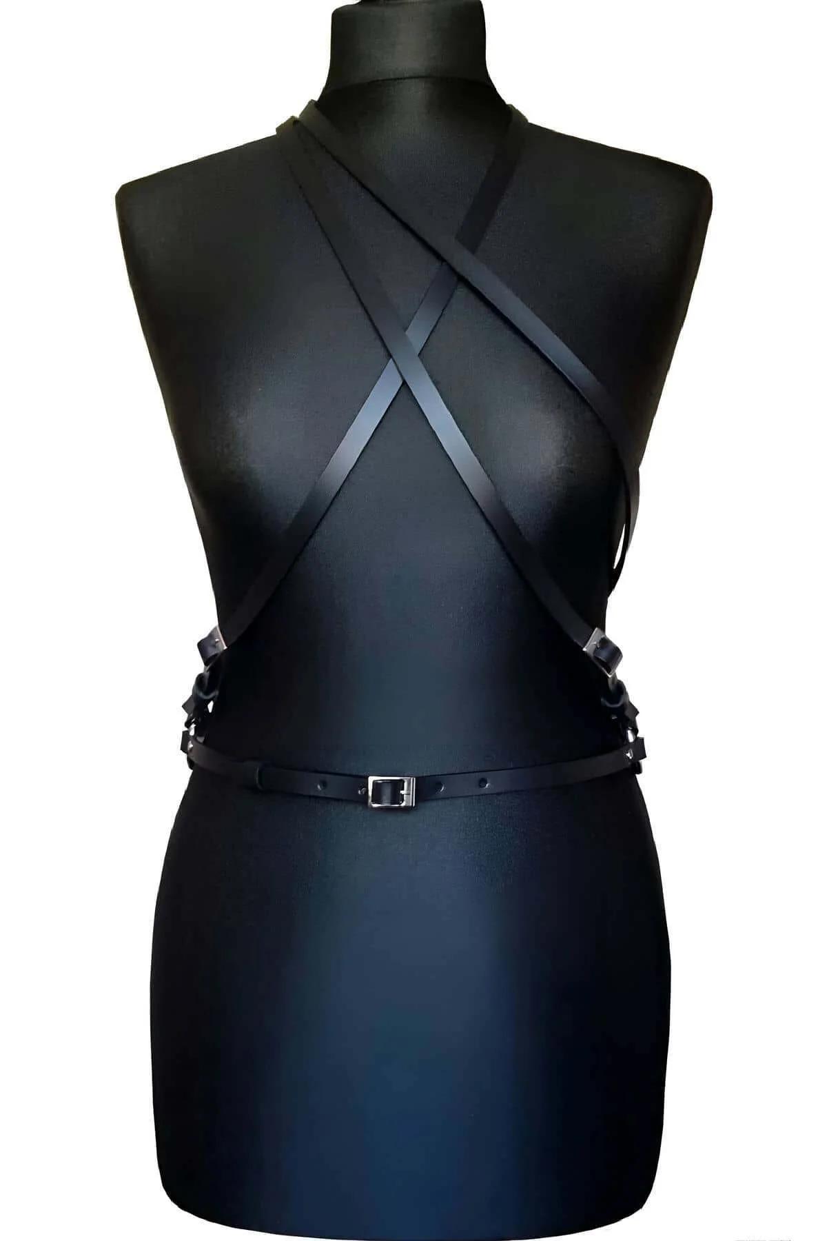 Criss-Cross Faux Leather Chest Harness with Waist Belt