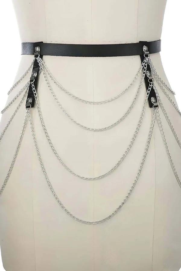Faux Leather Belt with Layered Silver Chains