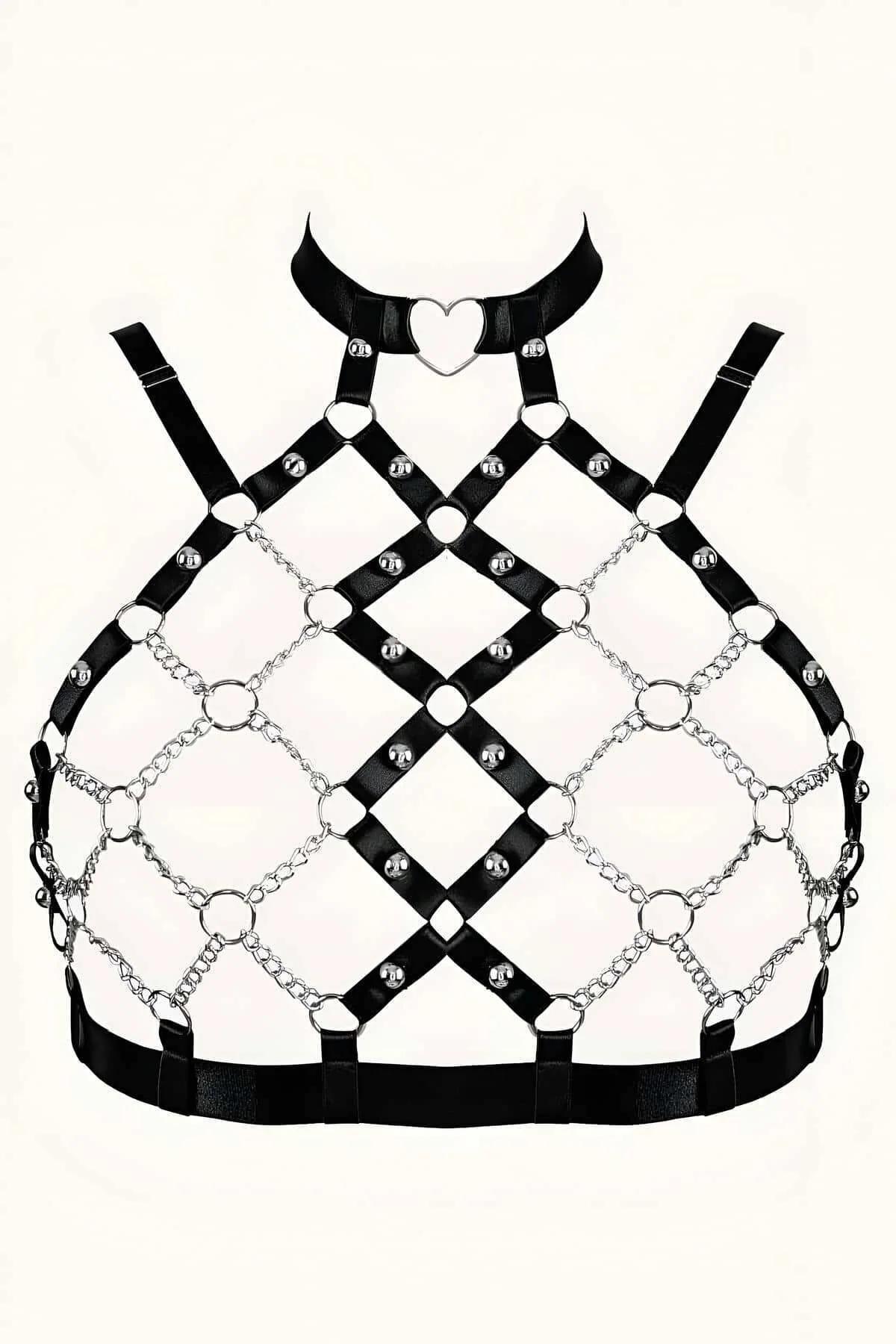 Chain & Faux Leather Harness with Heart Choker