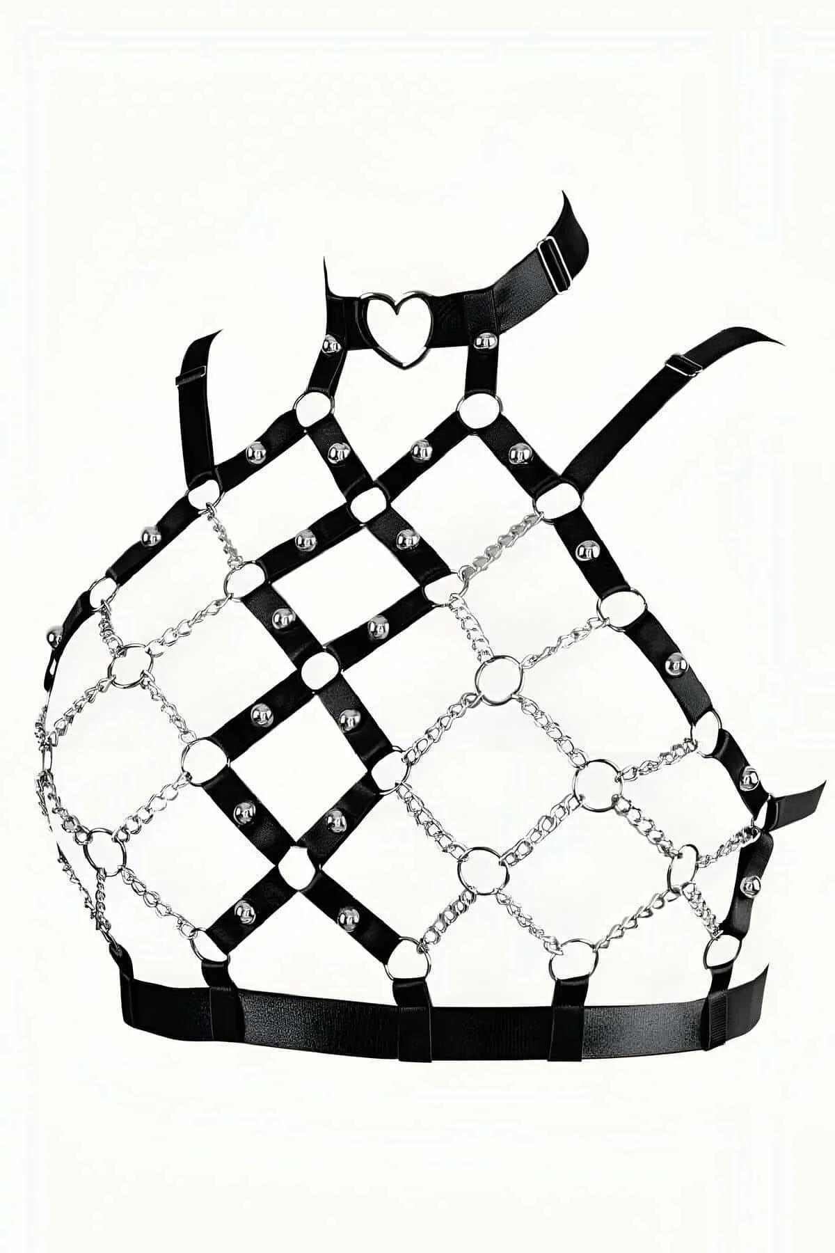 Chain & Faux Leather Harness with Heart Choker
