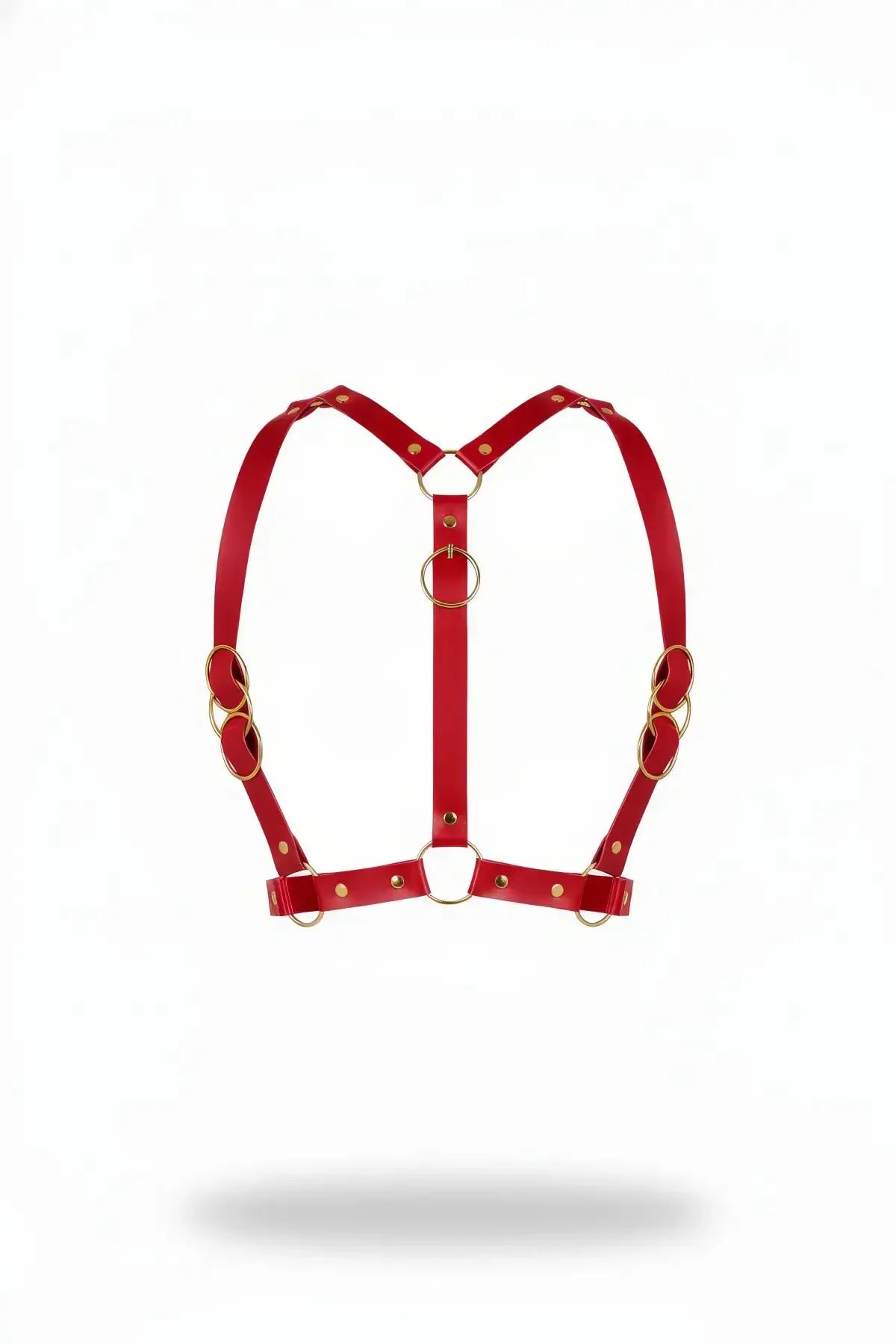Red Faux Leather Chest Harness with O-Ring Hardware