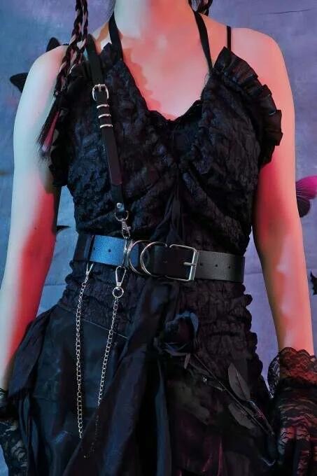 Single-Shoulder Harness Back View Black Faux Leather Adjustable Side Straps with Chain Detail