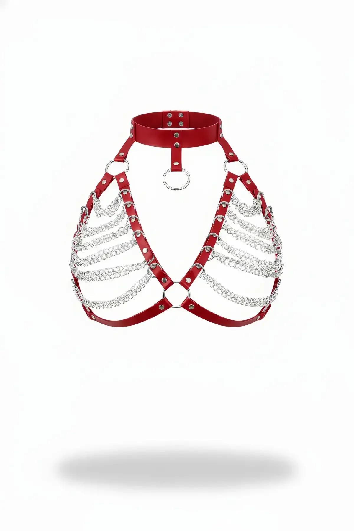 Red Faux Leather Chain Draped Choker Chest Harness