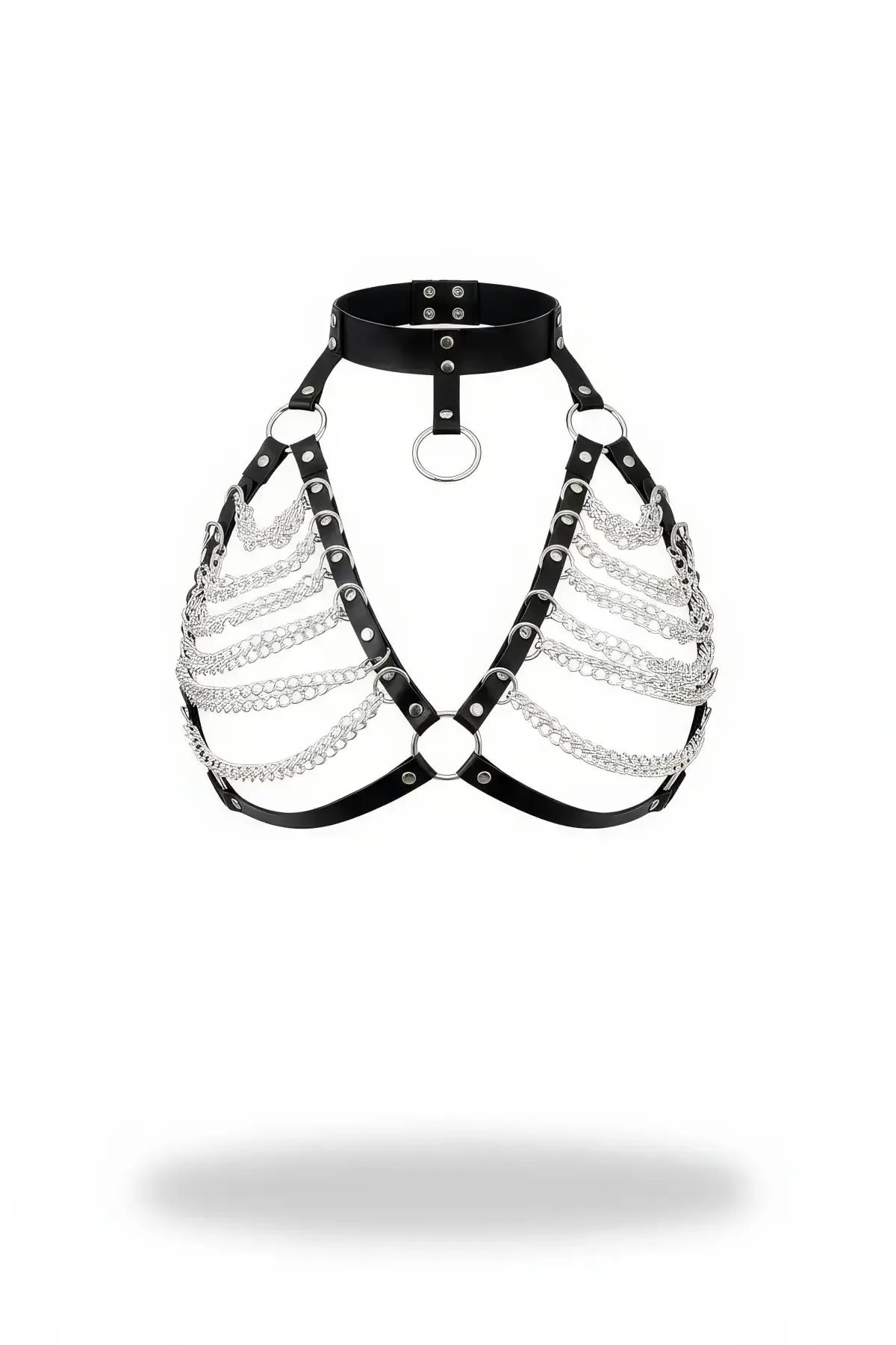 Faux Leather Chest Harness with Draped Silver Chains