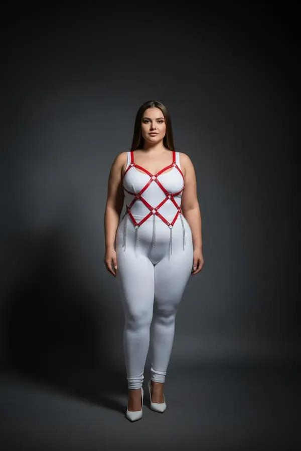 Red Caged Chest Harness with Detachable Body Chains