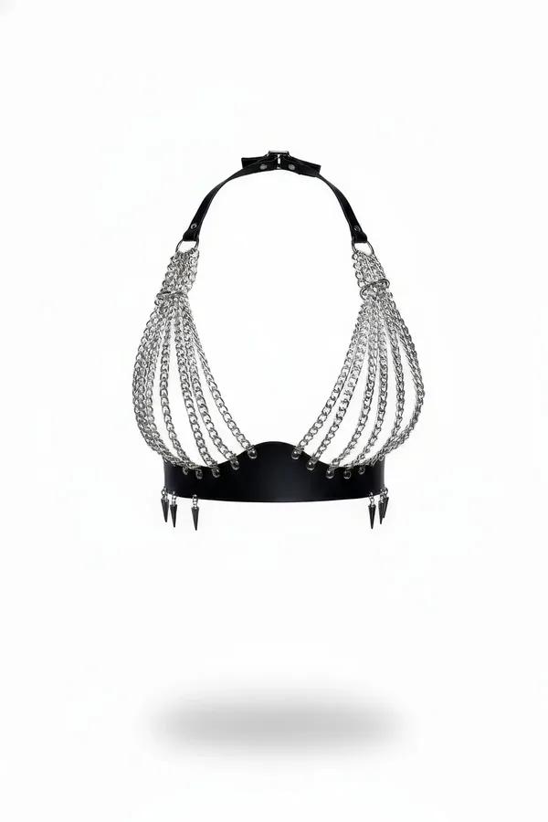 Chain Fringe Chest Harness with Spiked Band