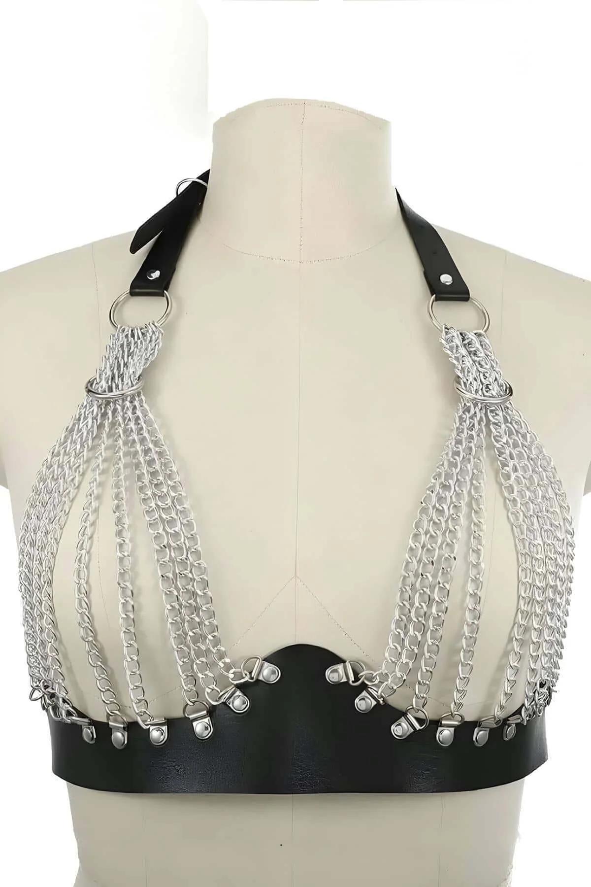 Chained Body Harness with Faux Leather Band
