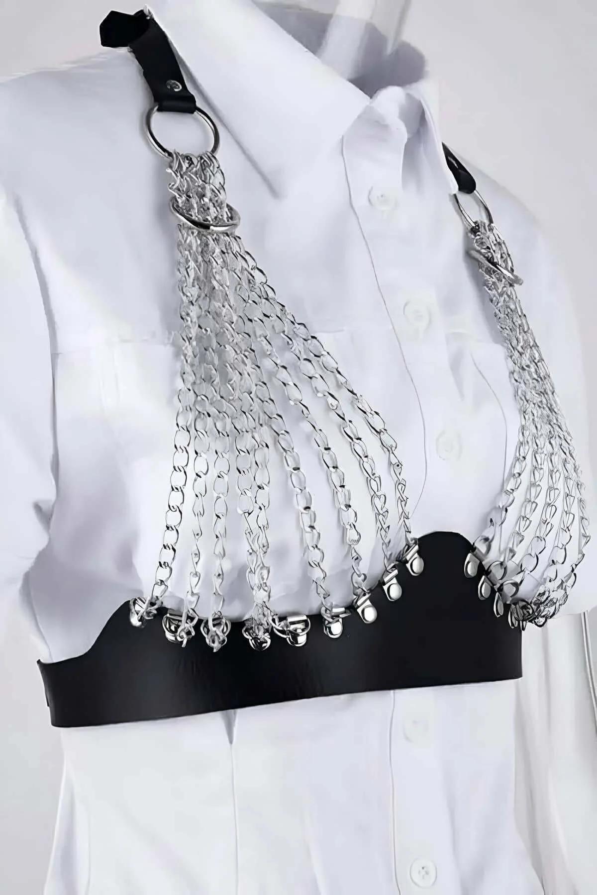 Chained Body Harness with Faux Leather Band