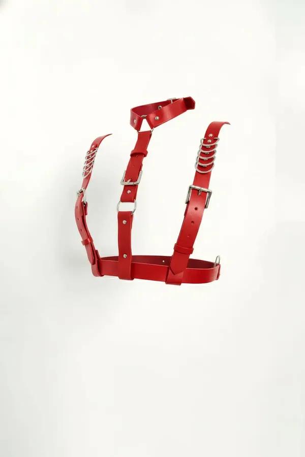 Red Faux Leather Chest Harness with Chain Straps