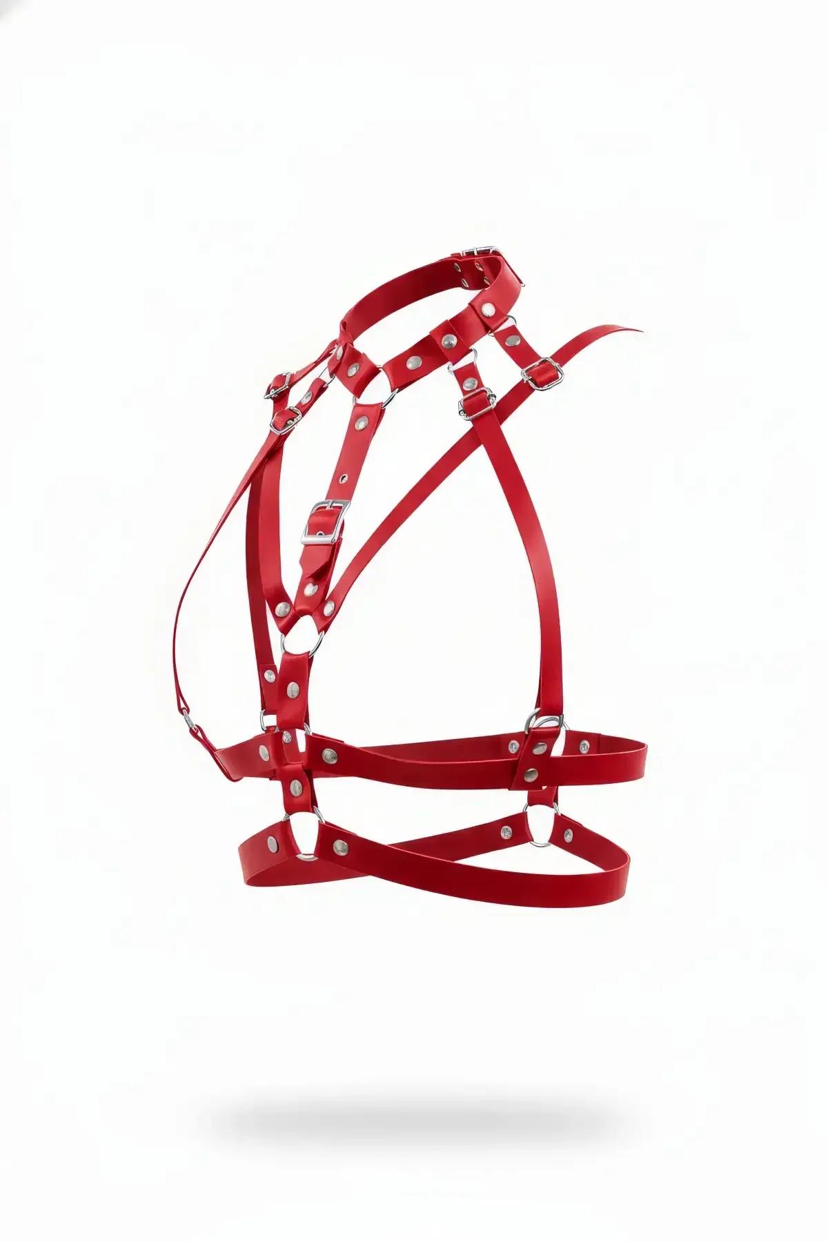 Red Multi-Strap Chest Harness with Silver Hardware