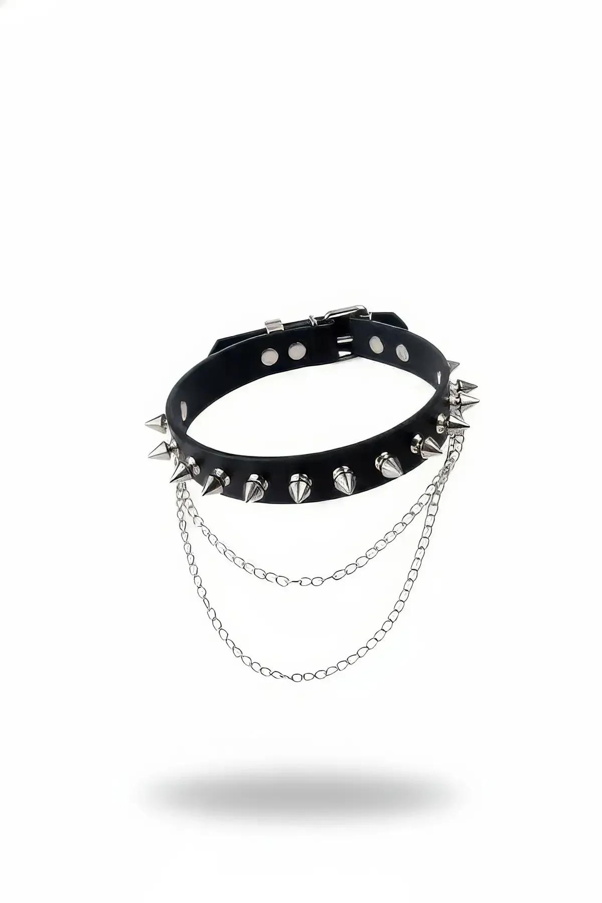 Spiked Faux Leather Choker with Double Chains