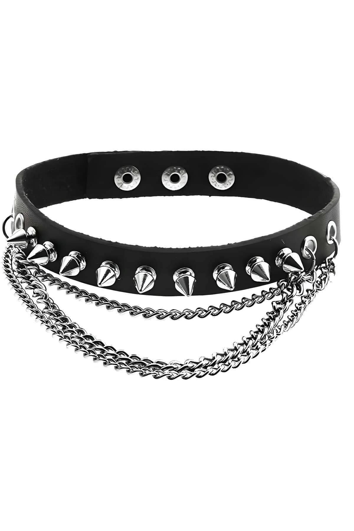 Spiked Faux Leather Choker with Layered Chain