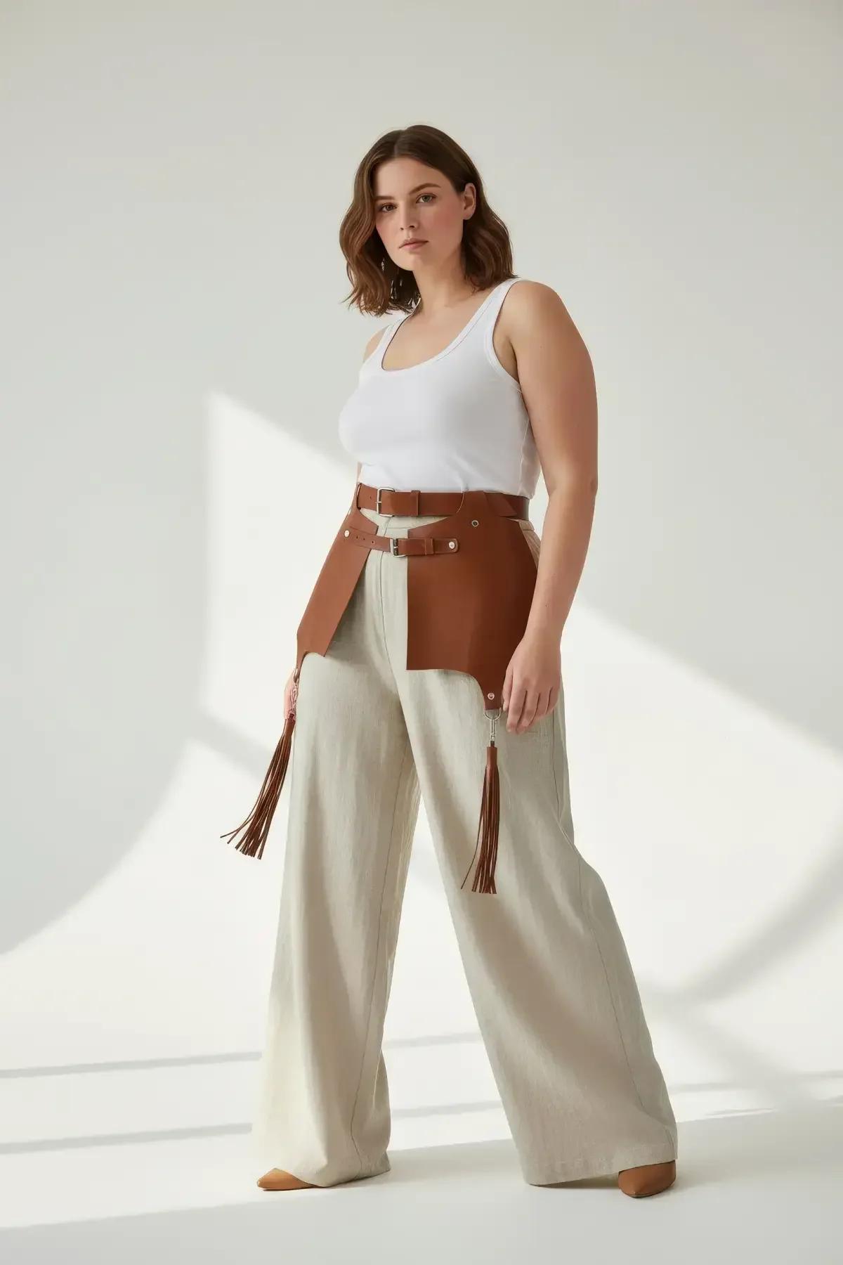 Faux Leather Waist Harness with Wide Panels & Tassels