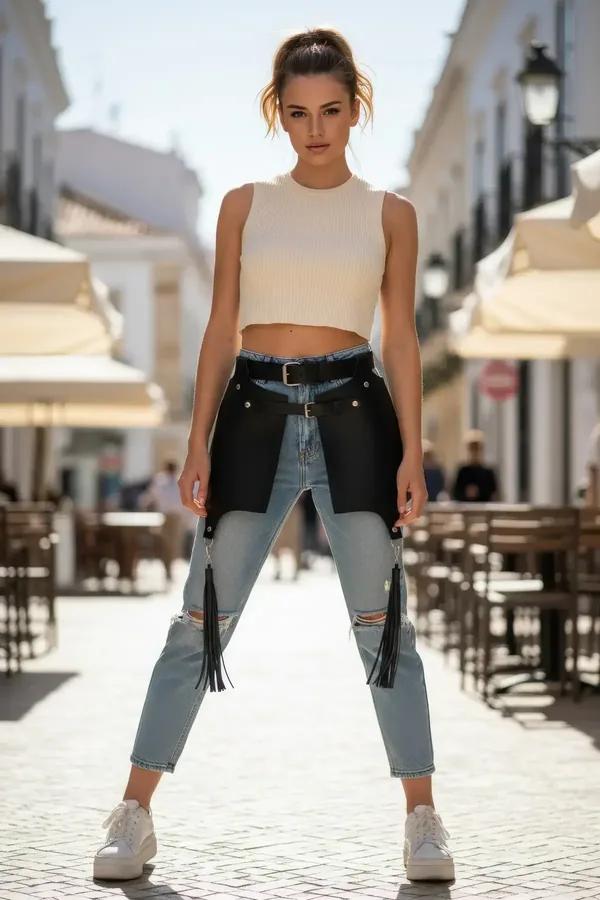 Faux Leather Waspie Corset Belt with Tassel Details