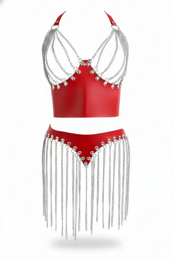 Red Faux Leather Chain Draped Halter Top & Skirt Set