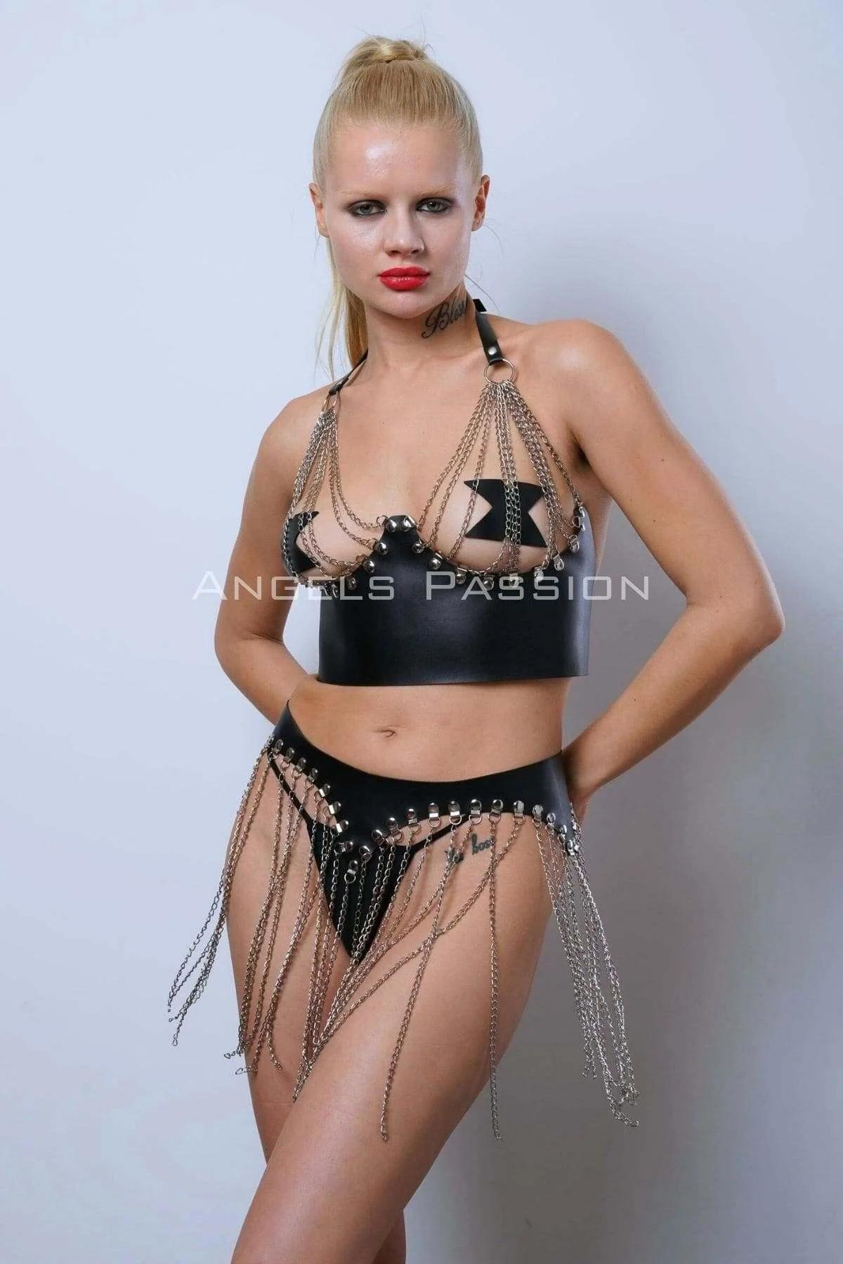 Faux Leather Bra Top and Chain Fringe Skirt Set