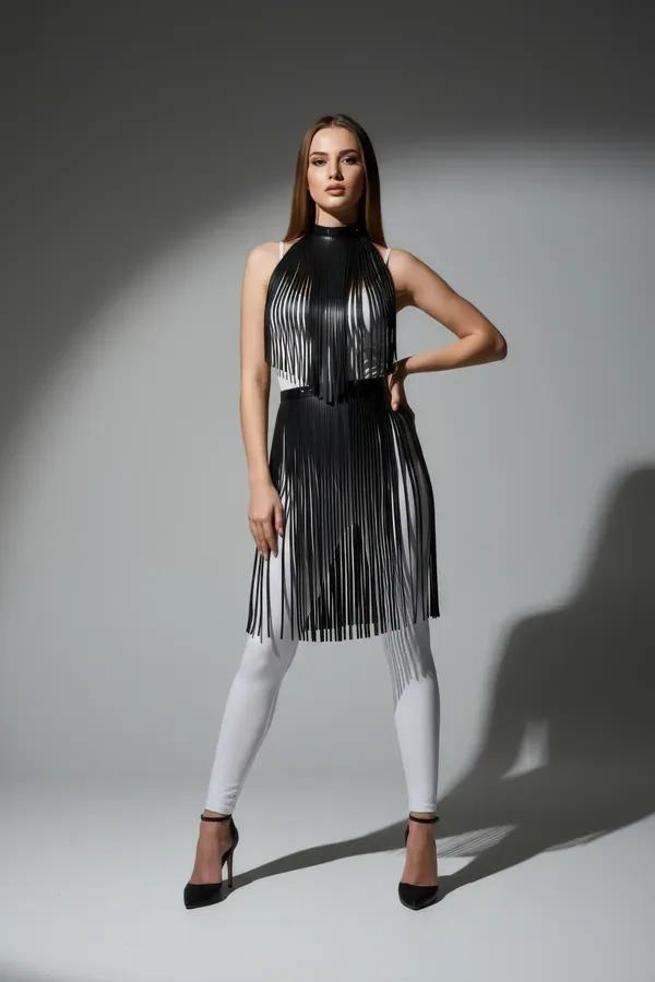 Faux Leather Fringe Mock Neck Overlay